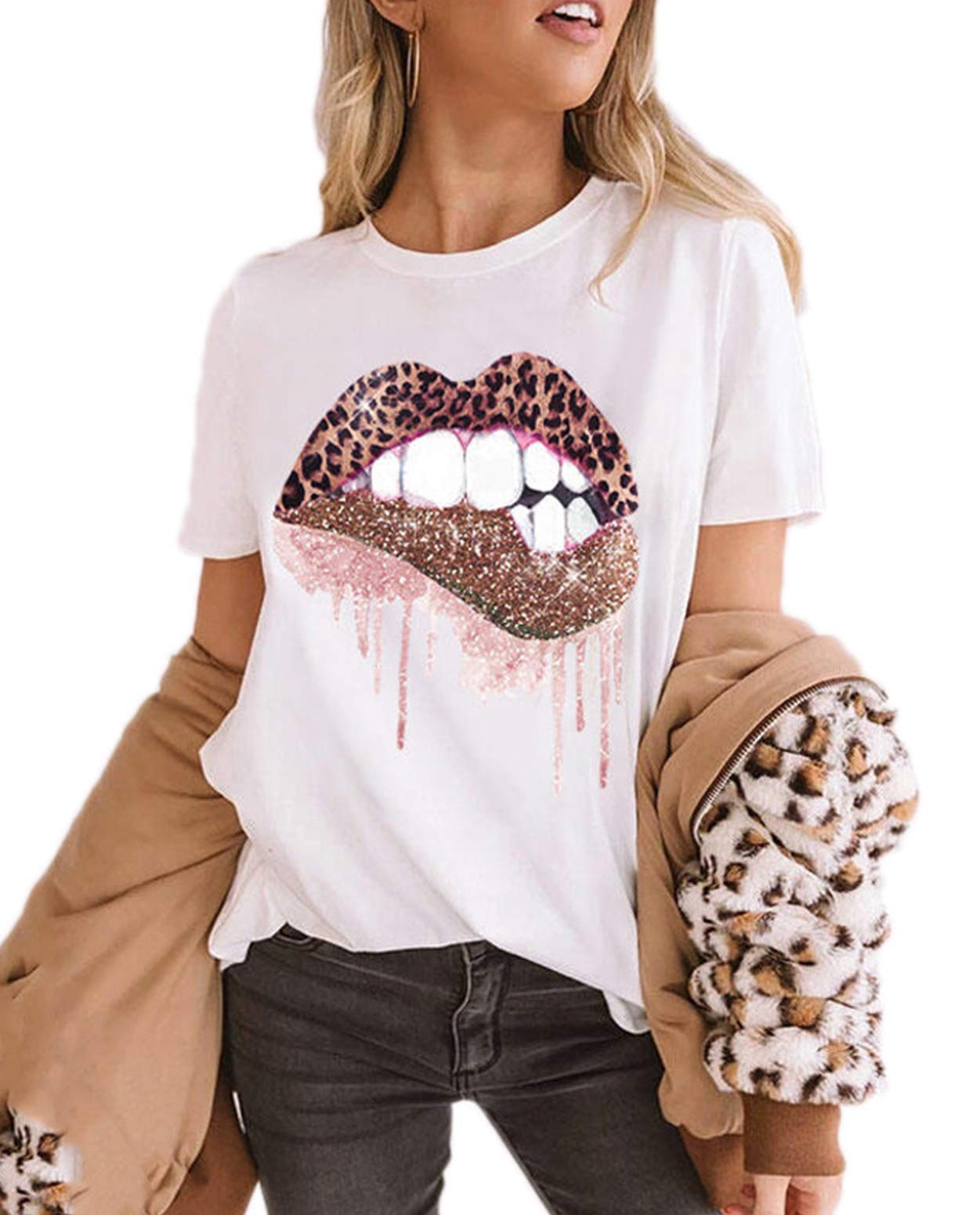 ZILIN Women's Casual Funny Lips Leopard Print Short Sleeve Graphic Tee - Summer Crewneck T-Shirt for Streetwear, Parties & Everyday Outfits