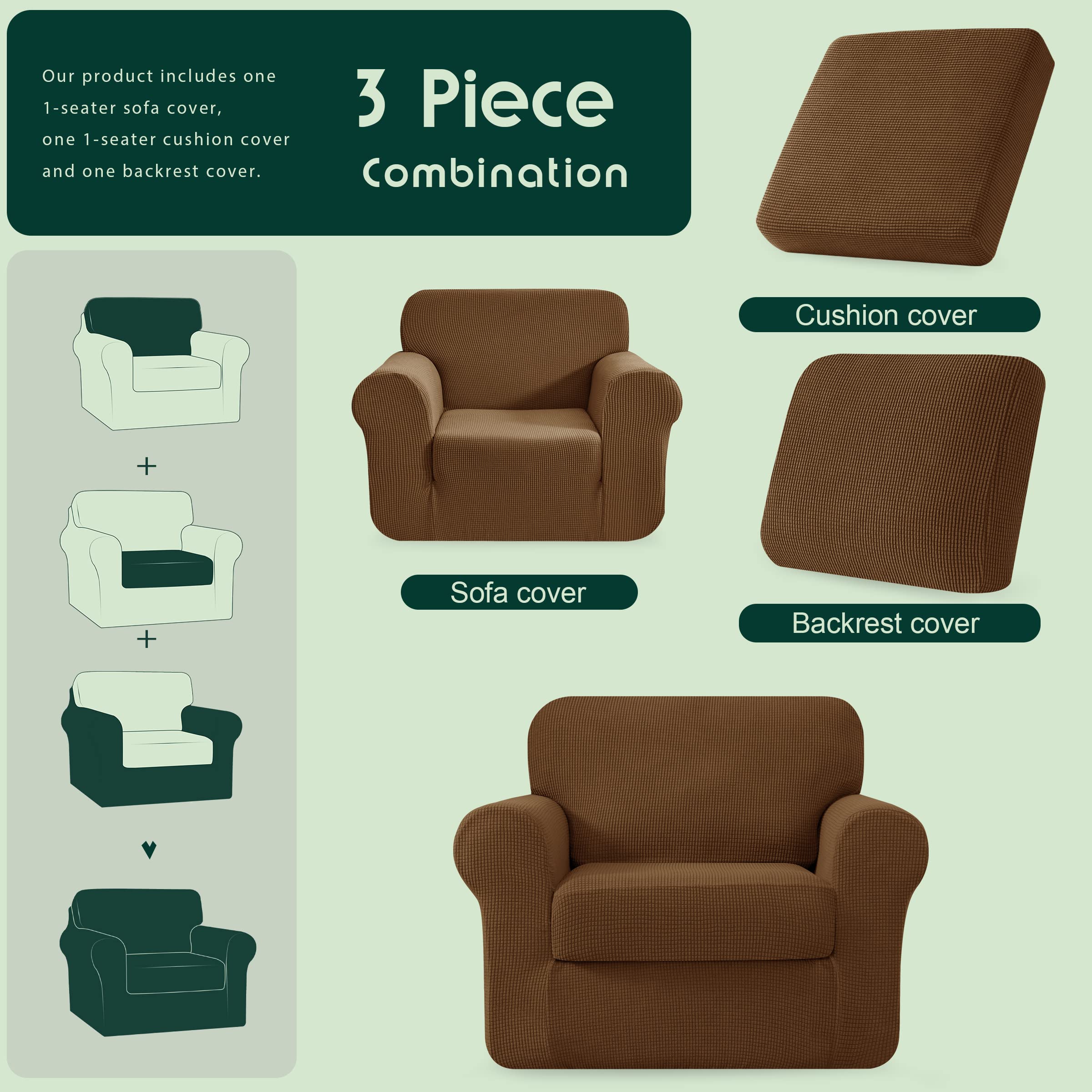 Stretch Armchair Cover 3-Piece Set - Elastic Sofa Slipcover for 1 Seater with Separate Backrest & Cushion | Jacquard Spandex Fabric (Small, Coffee Brown) | Perfect for Living Room, Office, or Dorm Furniture Protection