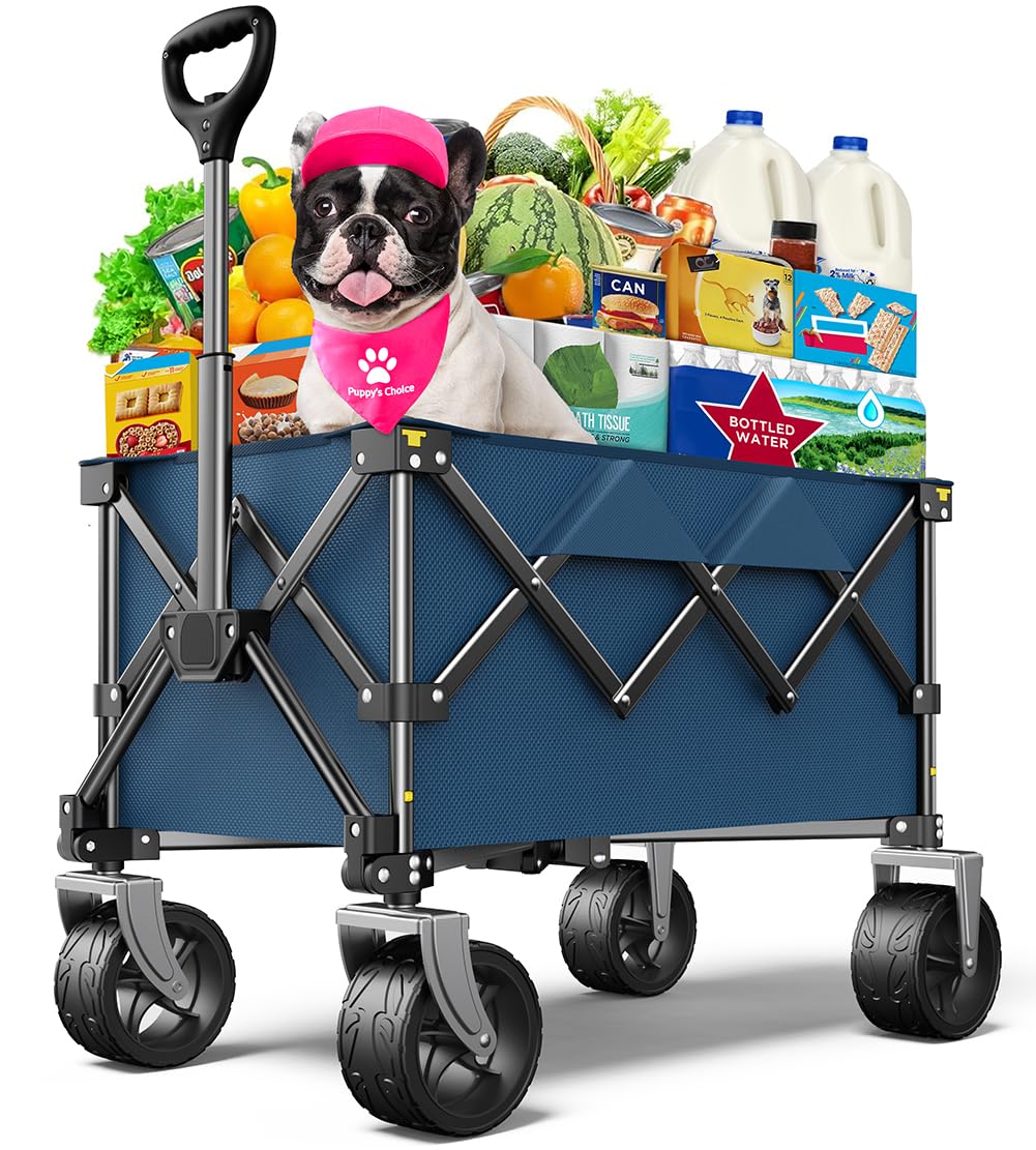 220lbs Heavy Duty Collapsible Beach Wagon with Large All-Terrain Wheels - Foldable Utility Cart for Camping, Grocery Shopping, Gardening & Outdoor Activities (Blue) - Perfect for Beach Trips, Picnics & Sports Events
