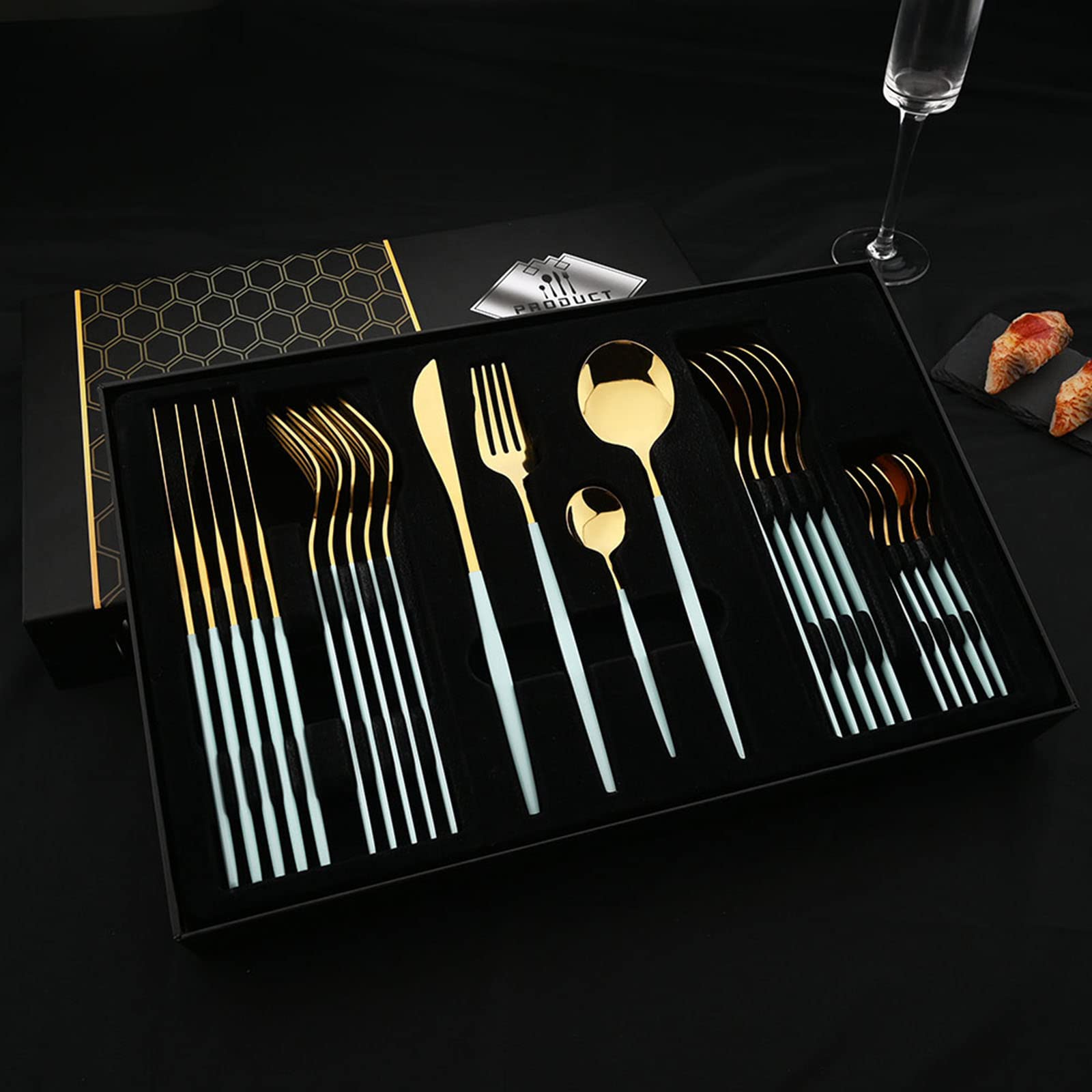 Premium 24-Piece Stainless Steel Flatware Set - Mint Green & Gold Mirror Finish Cutlery Set with Gift Box, Service for 6 | Elegant Tableware for Dinner Parties, Wedding Gifts & Home Decor