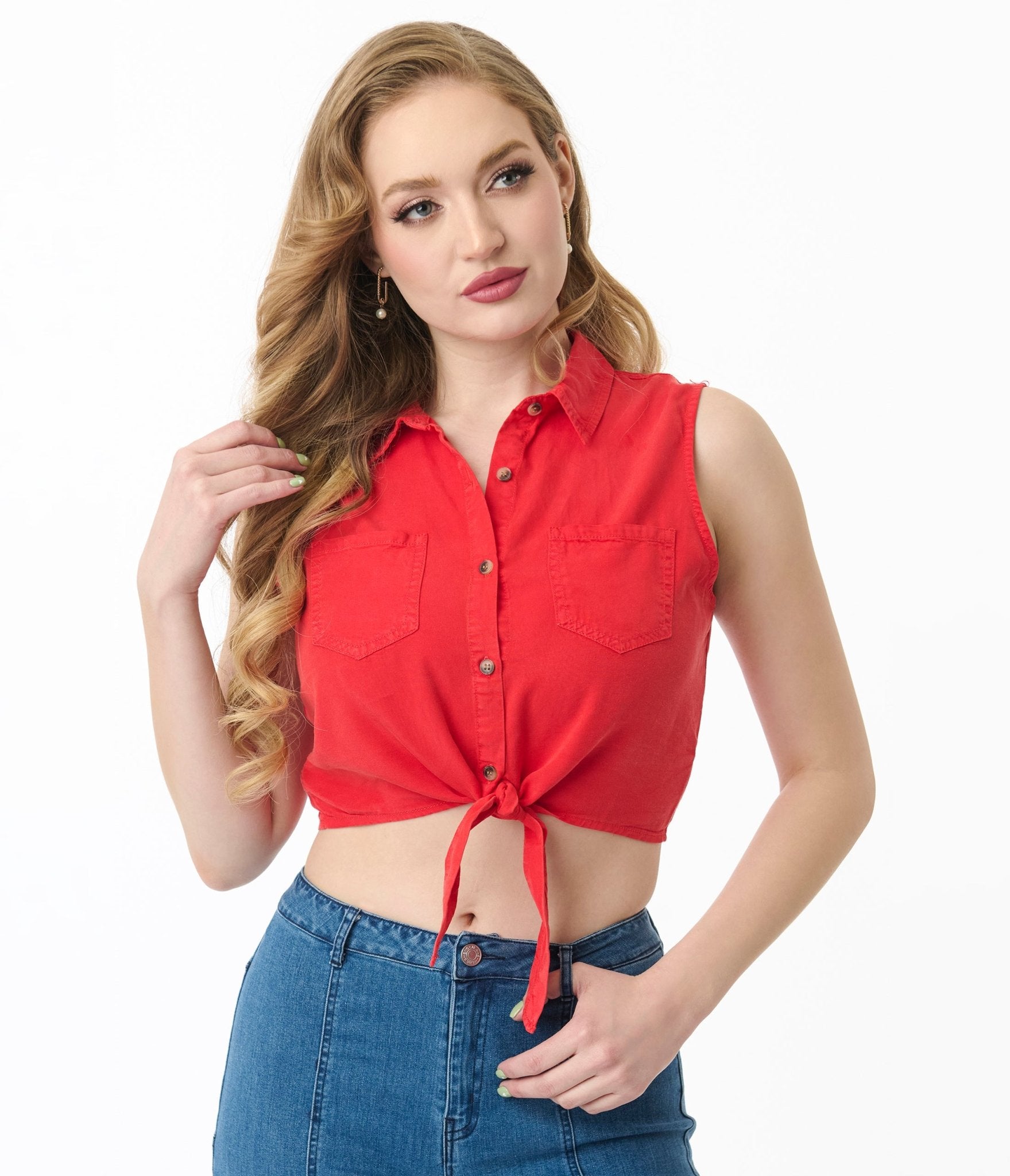 Stylish Red Front Tie Tencel Crop Top for Women | Breathable Summer Fashion | Perfect for Beach Outings & Casual Dates