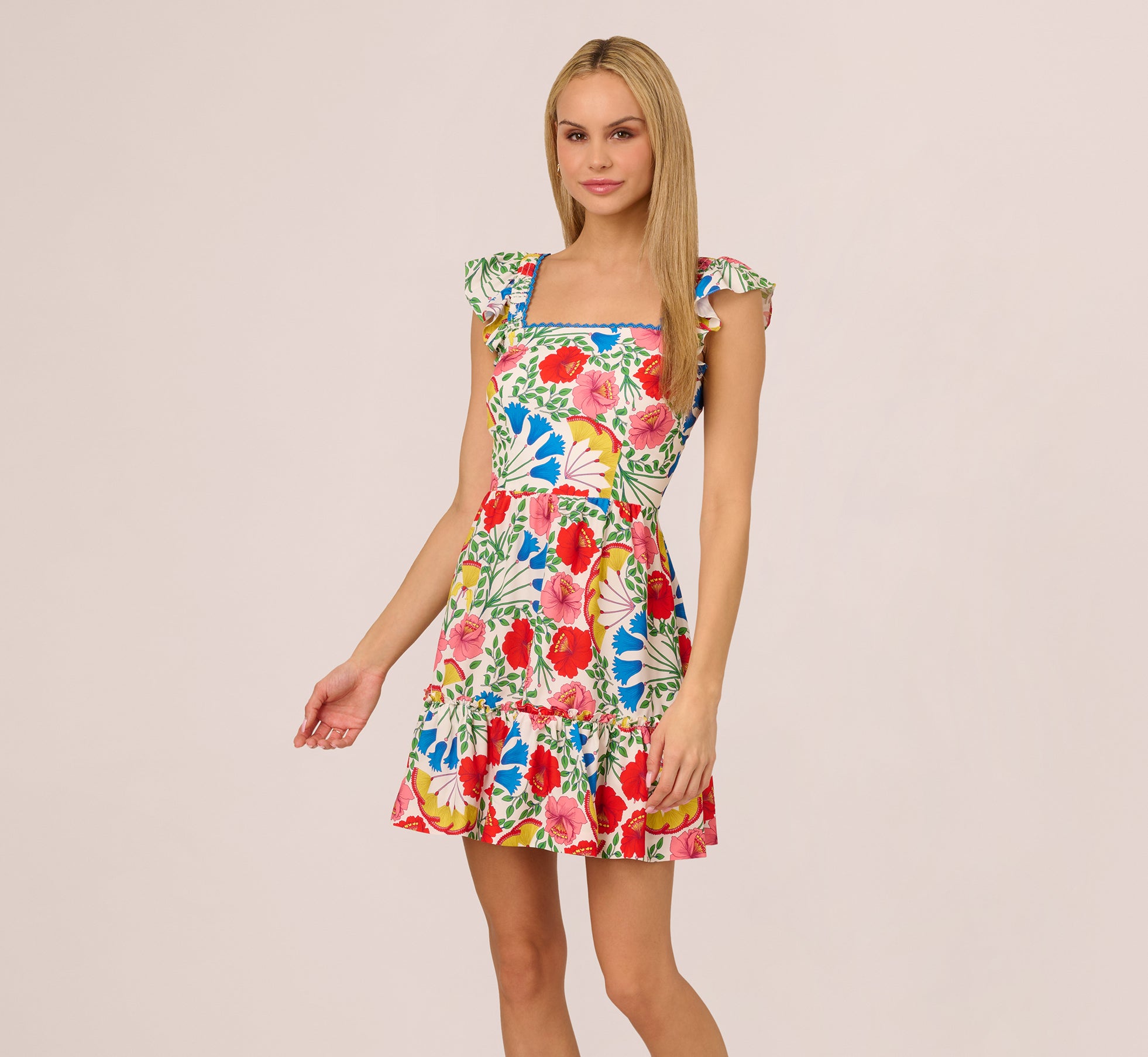 Square Neck Floral Ruffle Short Dress in Ivory Multi - Elegant Summer Party Dress for Women, Perfect for Beach Vacations, Date Nights & Outdoor Weddings
