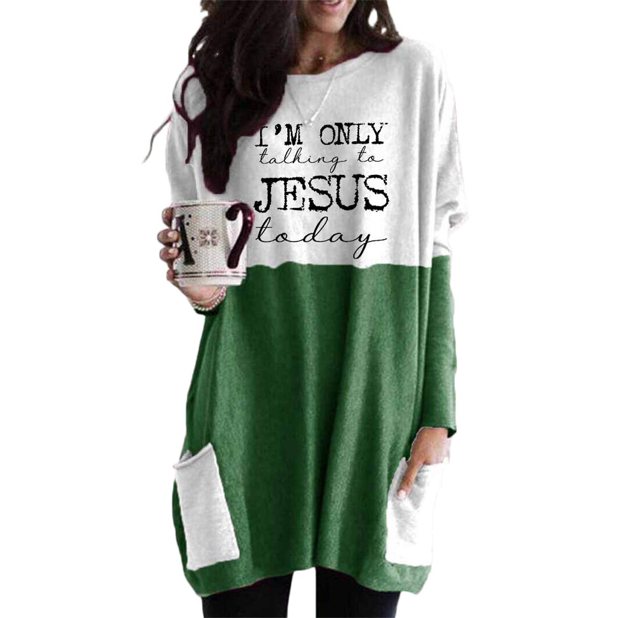 Women's 'I'm Only Talking to Jesus Today' Printed Contrast Top Blouse Sweatshirt with Pockets - Casual Church Outfit & Christian Apparel for Everyday Wear