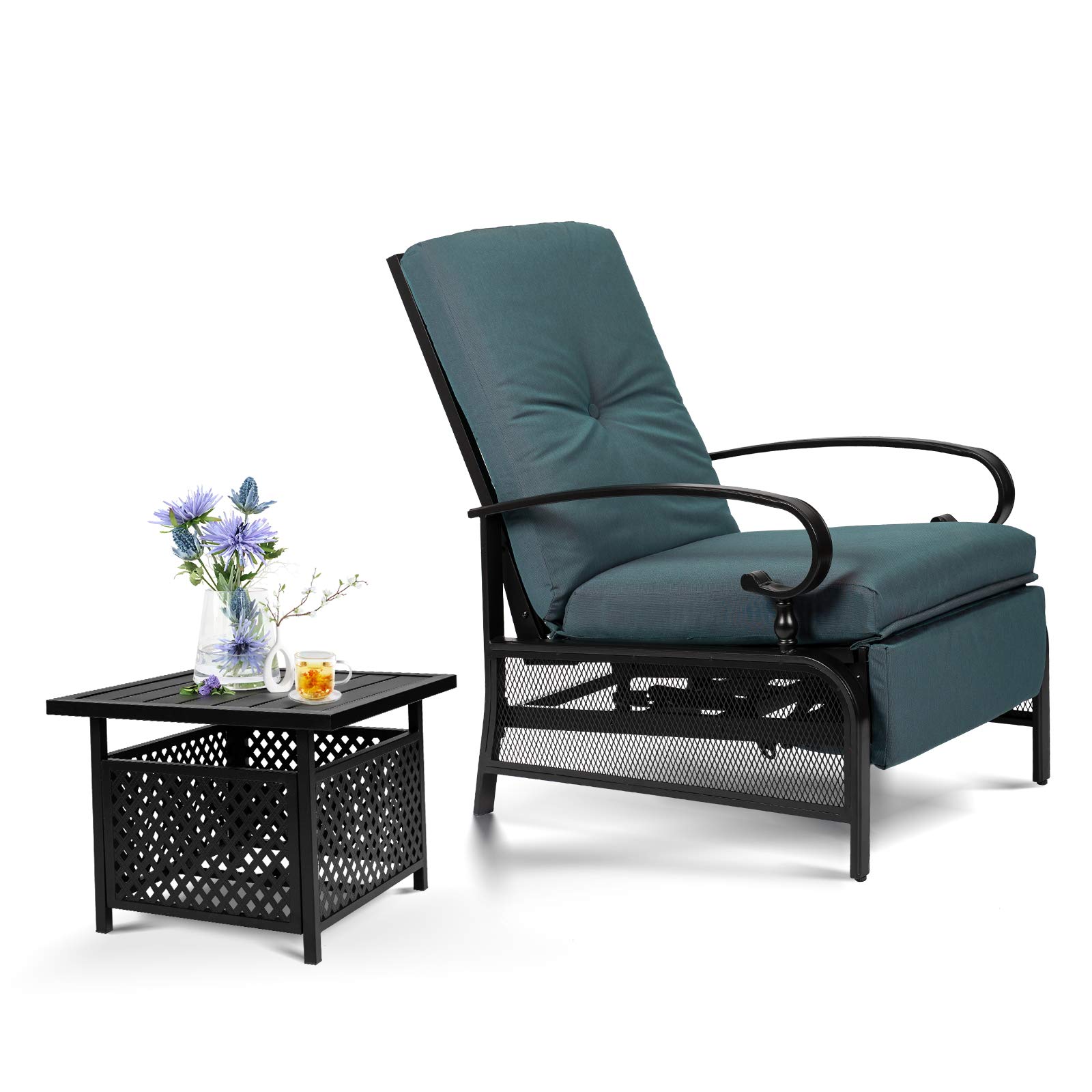 Oakcloud Adjustable Outdoor Lounge Chair Set - Metal Patio Recliner with Bistro Table & Removable Cushions (Peacock Blue) - Perfect for Poolside, Garden, Backyard Relaxation