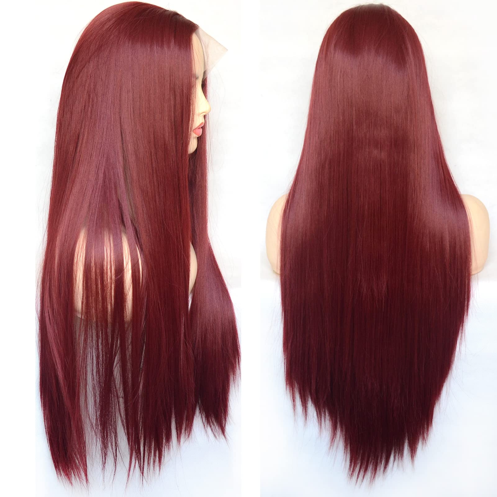 Dark Red Lace Front Wig - T-Lace Part Wine Red Long Straight Synthetic Hair Wig for Women | Middle Part | 22 Inch Silk Straight Full Wig | Daily Wear & Cosplay | Perfect for Parties, Weddings & Special Occasions