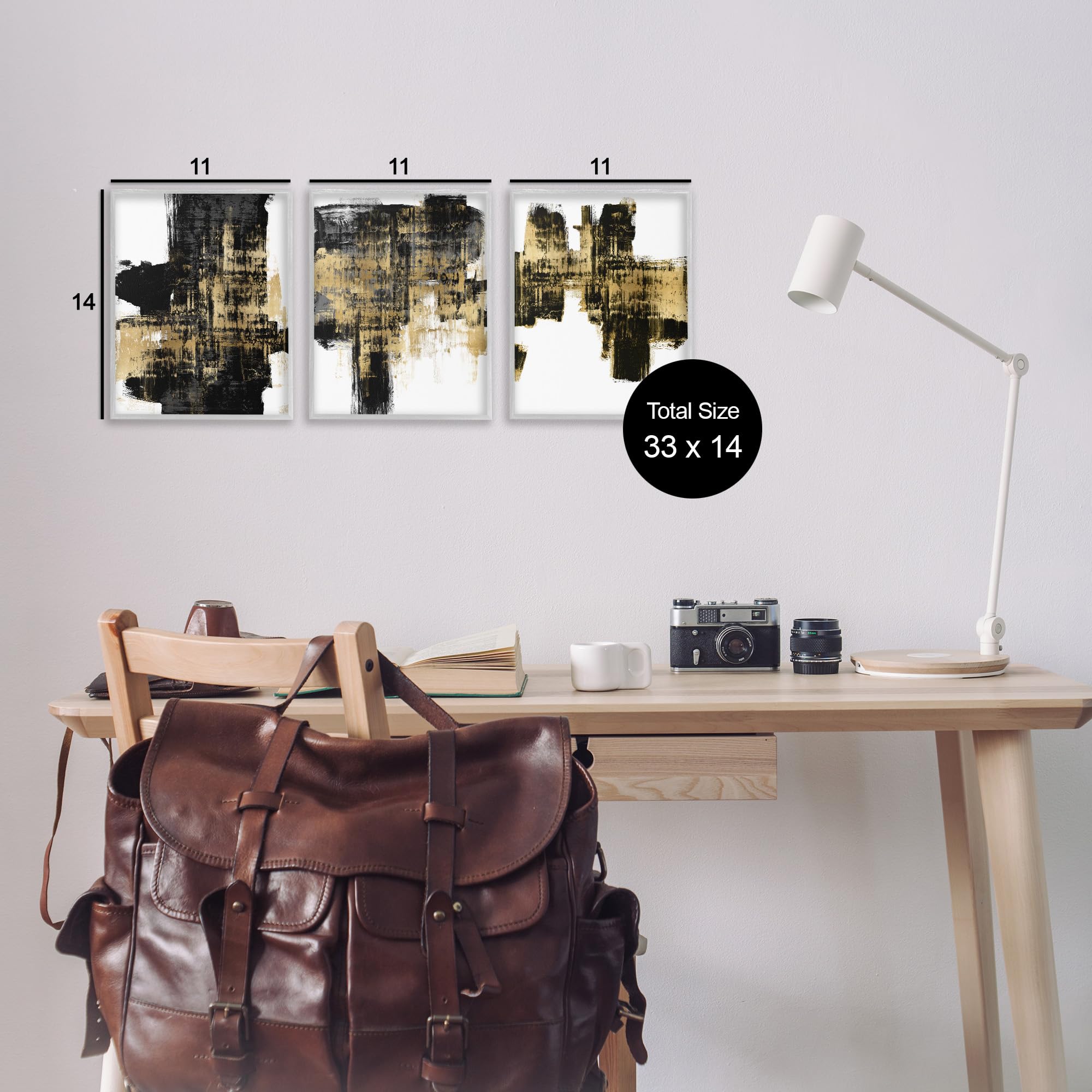 Stupell Industries 3-Piece Bold Black Brushstrokes & Golden Distressed Accent Wall Art Set - Grey Framed, 11x14 Inches Each - Modern Home Decor for Living Room, Bedroom & Office