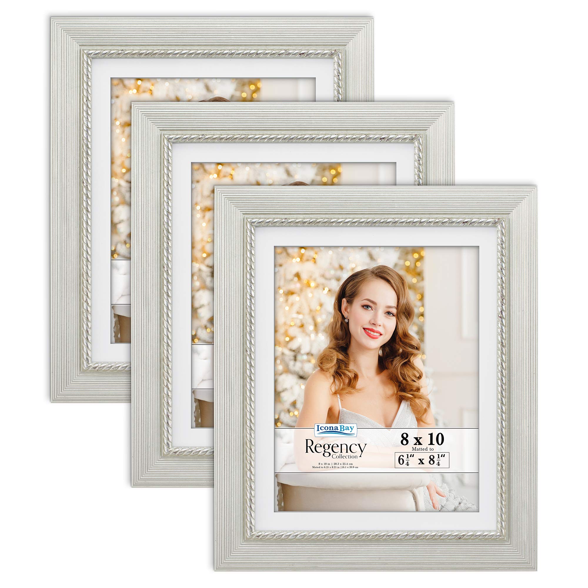 Icona Bay 8x10 Picture Frames with Removable Mat - Silver Baroque Style Photo Frames (3 Pack) - Wall Mount or Tabletop Display - Perfect for Living Room, Bedroom & Office Decor - Regency Collection