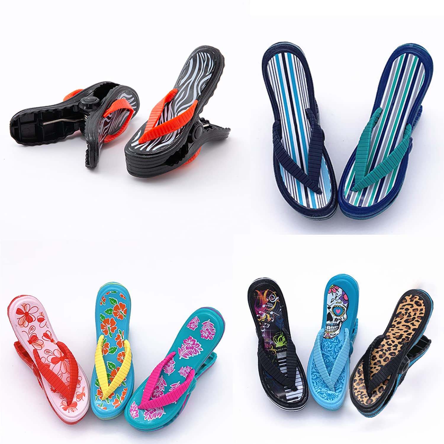4 Pack Beach Towel Clips - Non-Slip Flip Flop & Lounge Chair Clips, Oversized Cute Clothespins for Pool, Patio & Vacation - Perfect Towel Holders for Beach, Swimming & Outdoor Relaxation (Black + Blue)