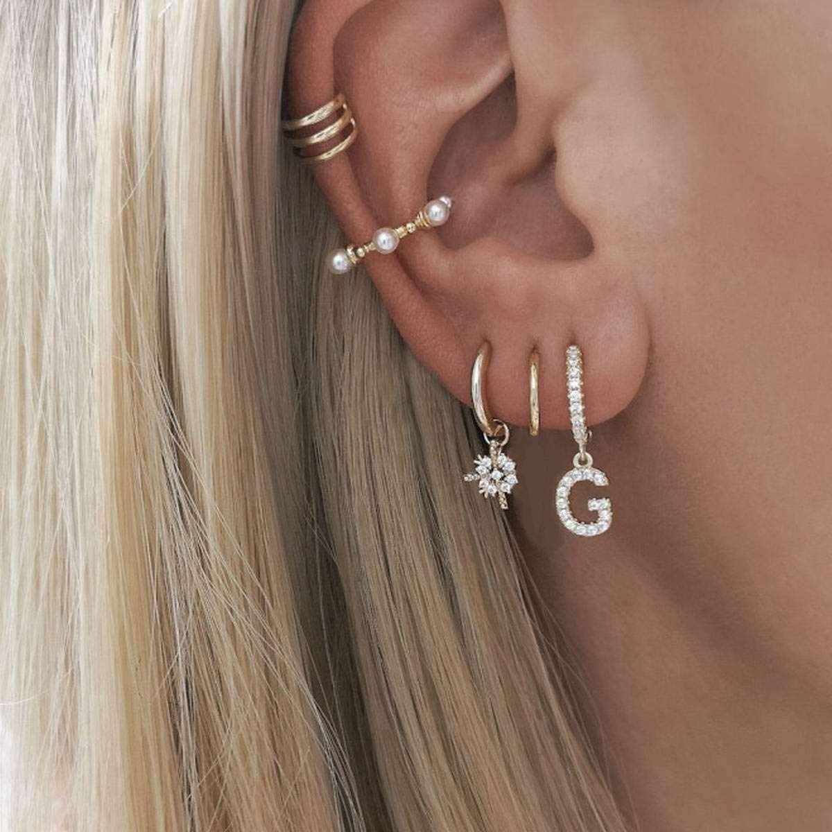 Gold Rainbow Hoop Dangling Letter Initial Earrings for Women & Girls - Small Diamond Huggie Hoop Earrings with Pave Setting & Real Diamonds - Perfect Jewelry Gifts for Birthdays, Anniversaries & Special Occasions