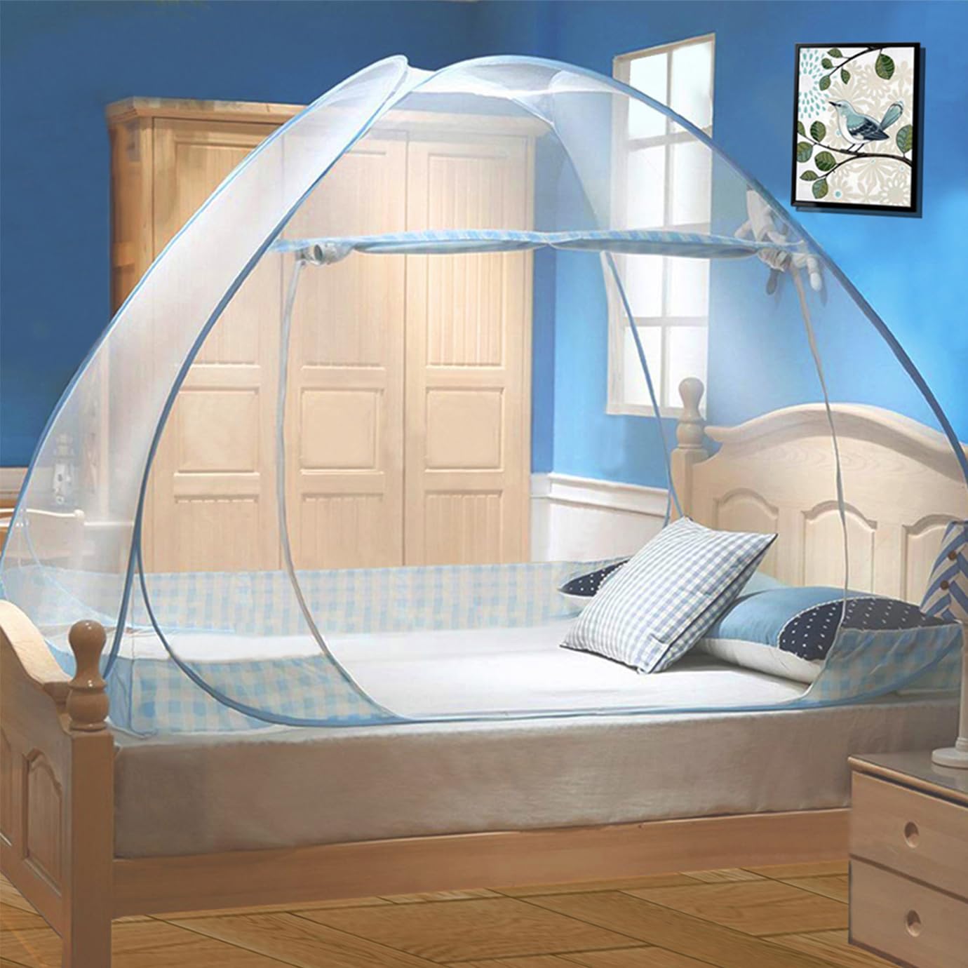Portable Single Door Pop-Up Mosquito Net for Bed - 39.3x78.7in Bed Tent with Net Bottom | Indoor & Outdoor Insect Protection | Blue Edge Design | Perfect for Camping, Travel, and Home Use