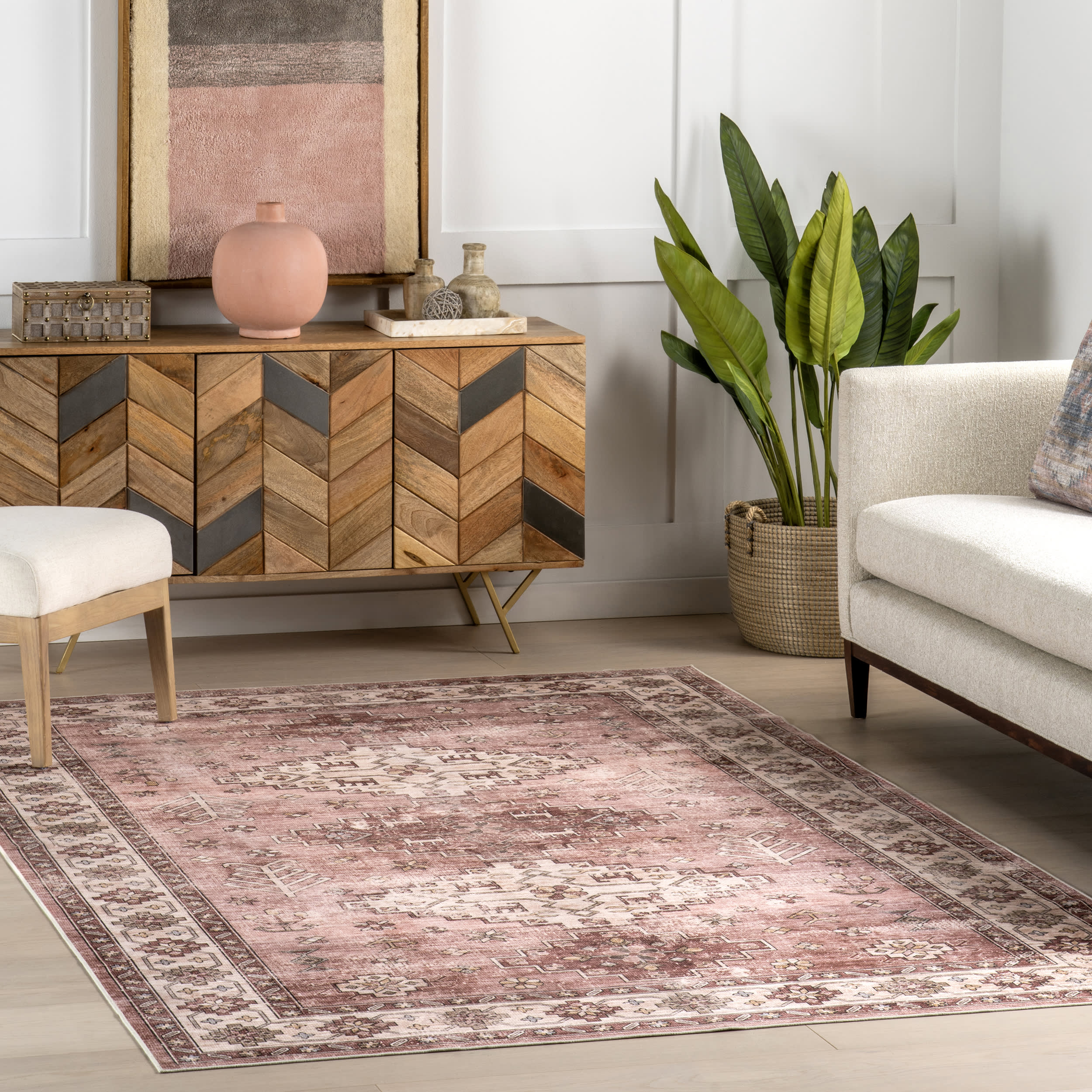 Barbary Distressed Spill Proof Washable Rug - Soft & Durable Non-Slip Area Rug for Living Room, Bedroom, Kitchen | Blush Pink Boho Chic Decor | Perfect for High Traffic Areas & Pet Friendly Homes