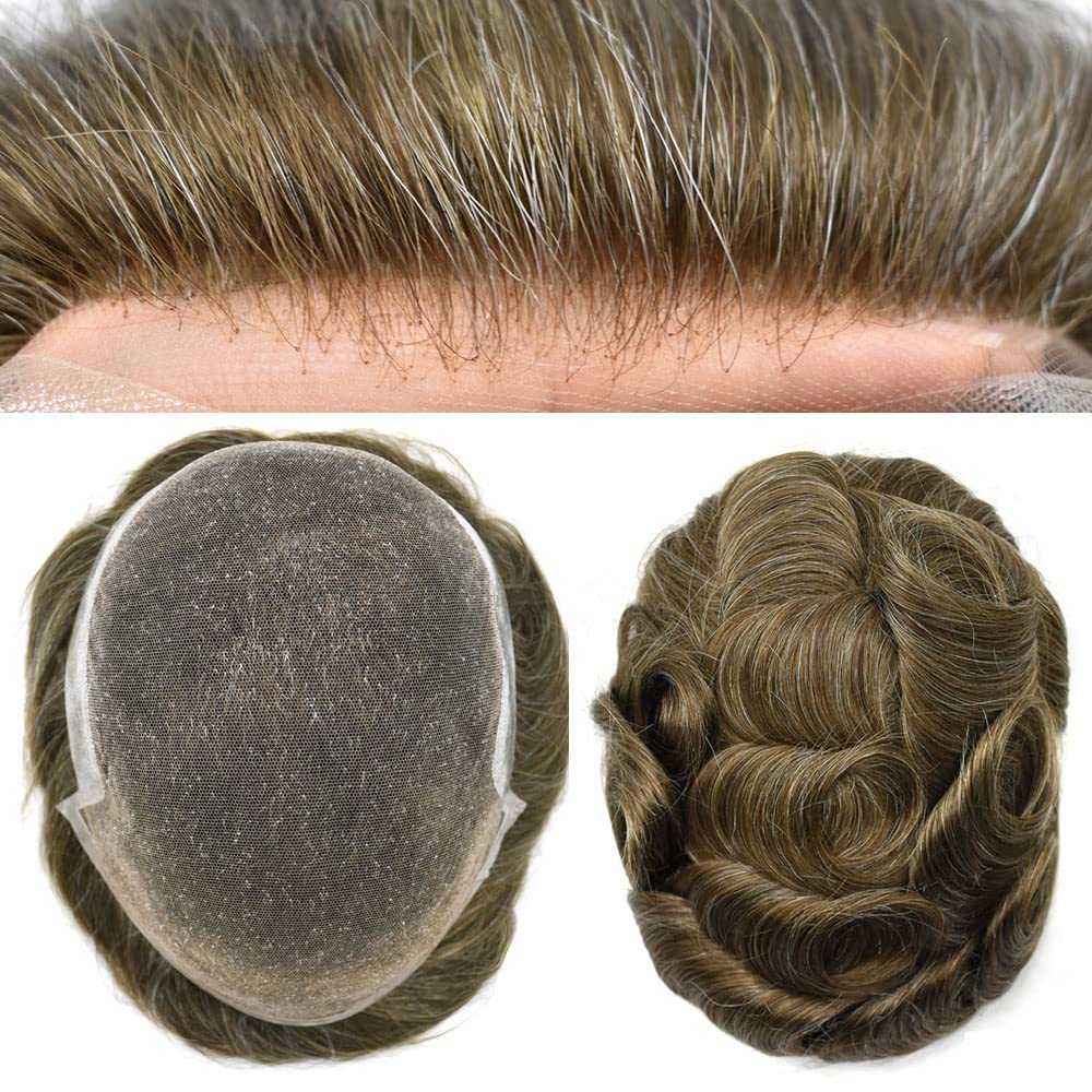 Natural Swiss Lace Toupee for Men - 100% Human Hair Replacement System with PU Bleached Knots & Undetectable Hairline | 8x10 Inch Light Medium Density Wig (Dark Ash Blonde 1720# with 20% Gray) | Perfect for Daily Wear, Special Occasions & Hair Loss Solutions