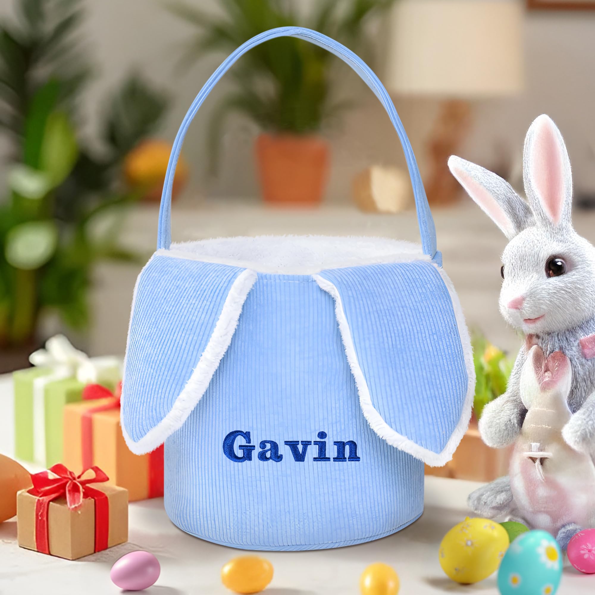 Personalized Easter Baskets for Kids - Blue Bunny Ear Easter Basket with Handle for Egg Hunt, Easter Party & Spring Decor | Jocidea Easter Gift Basket for Boys & Girls