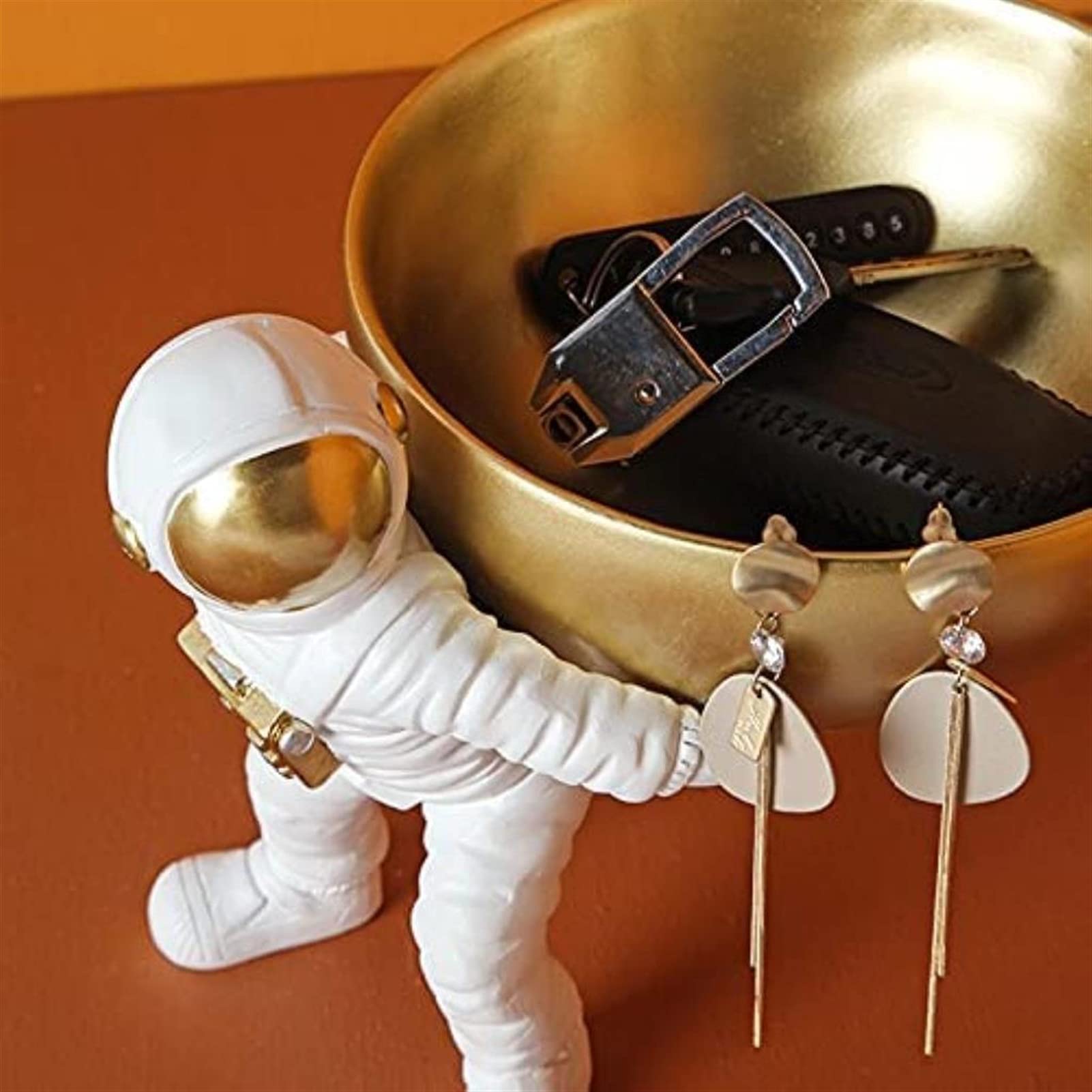 HongLianRiven Astronaut Sculpture - Premium Resin Spaceman Figurine for Home Decor, Key Storage Box & Snack Tray | Unique Gold Astronaut Statue for Living Room, Office Desk & Gift Giving