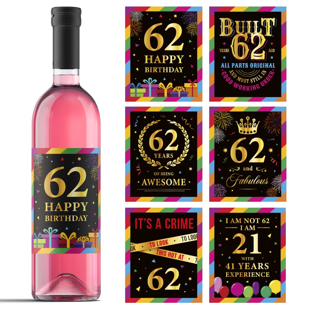 62nd Birthday Wine Bottle Labels - Set of 6 Personalized Stickers for 62 Year Old Birthday Party Decorations, Anniversary Gifts & Celebrations - Perfect for Wine Lovers, Retirement Parties & Milestone Birthday Decor