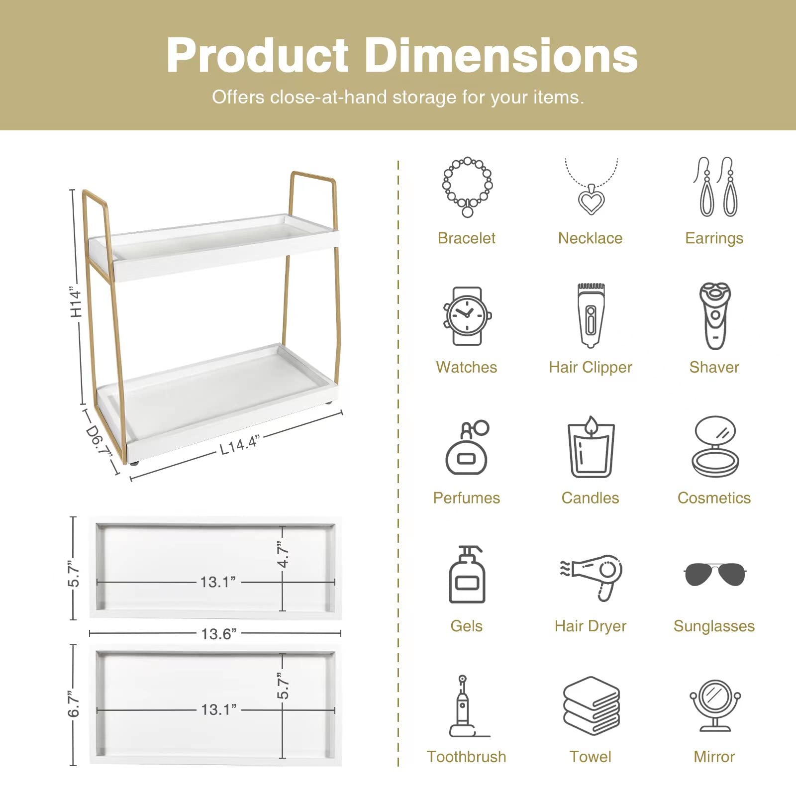 Forbena 2-Tier Wooden Bathroom Organizer Shelf - White & Gold Vanity Tray for Makeup, Jewelry & Essentials | Countertop Storage Solution for Bathroom Sink, Bedroom Dresser & Home Decor