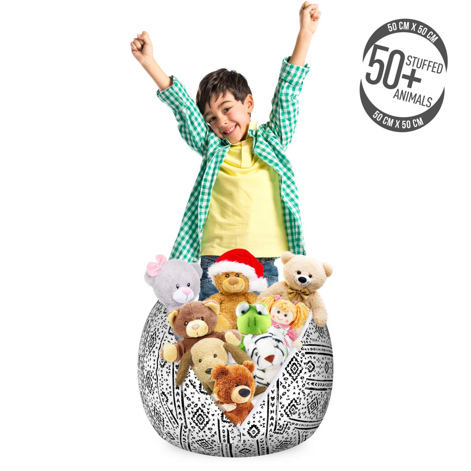Ambesonne Ethnic Storage Toy Bag Chair - Grunge Folk Culture Print Stuffed Animal Organizer, Washable Small Size Black & White - Perfect for Kids' Room, Nursery Storage & Pet Toy Organization
