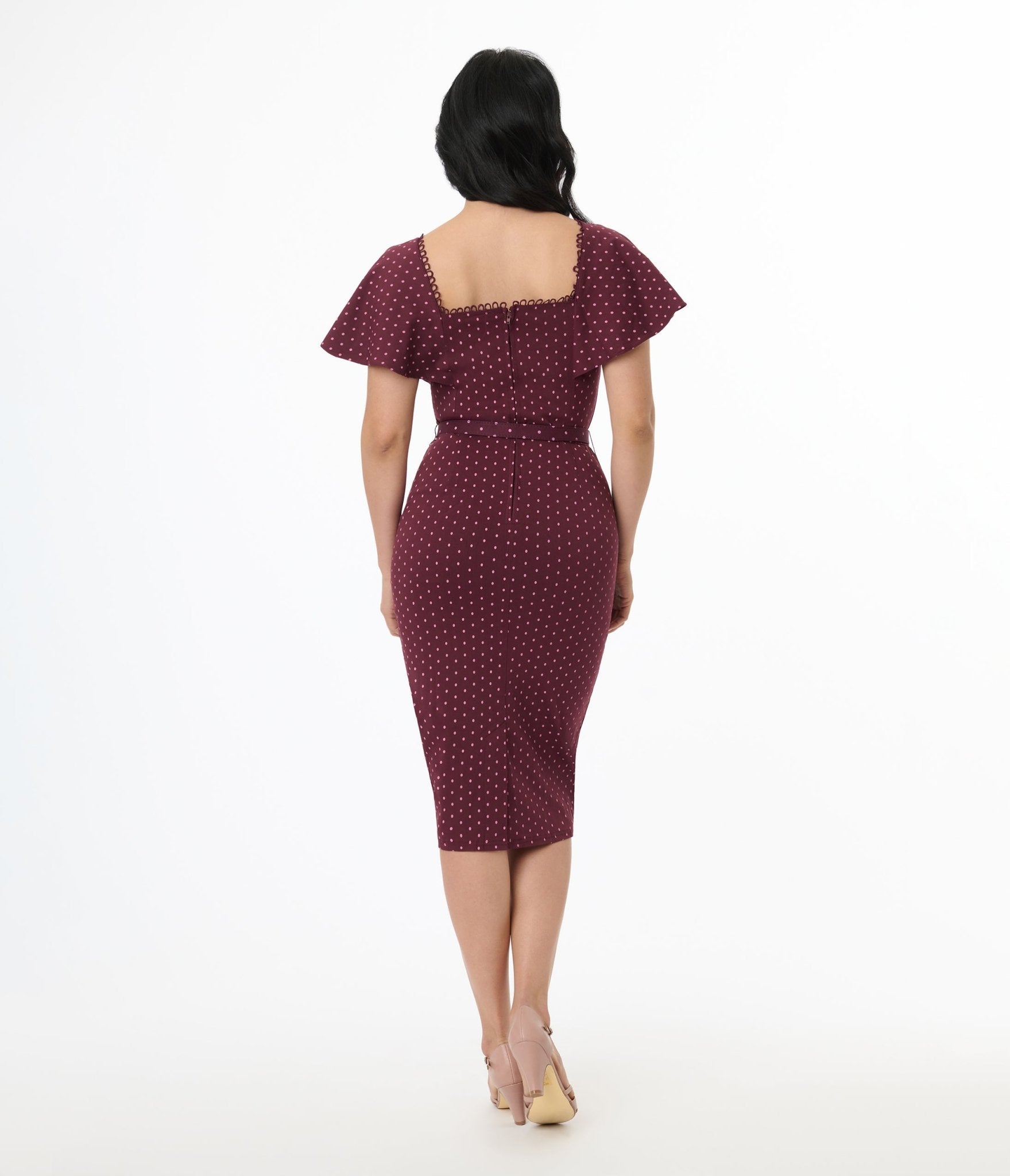 Vintage 1940s Eggplant & Pink Polka Dot Flutter Sleeve Pencil Dress - Retro Cocktail Party & Special Occasion Outfit