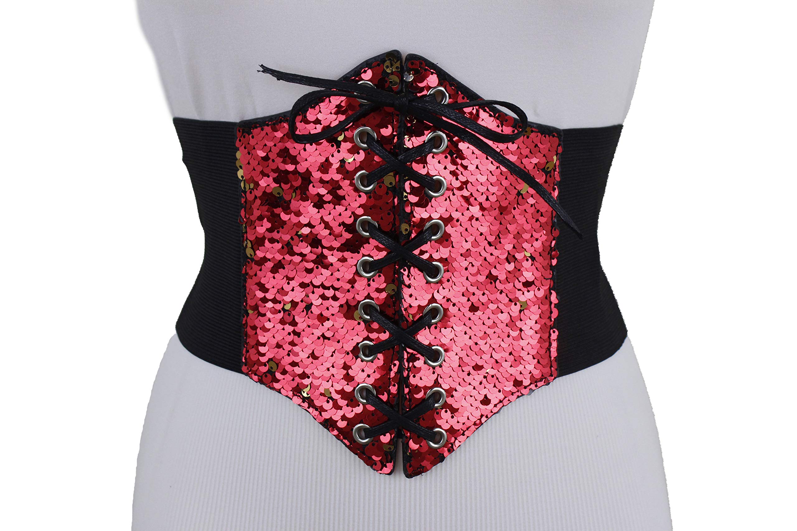 TFJ Women's Wide Elastic Waistband Corset Belt - High Waist Shapewear with Bling Red Gold Sequins for Tummy Control (Sizes S/M) | Perfect for Dresses, Tops & Body Shaping