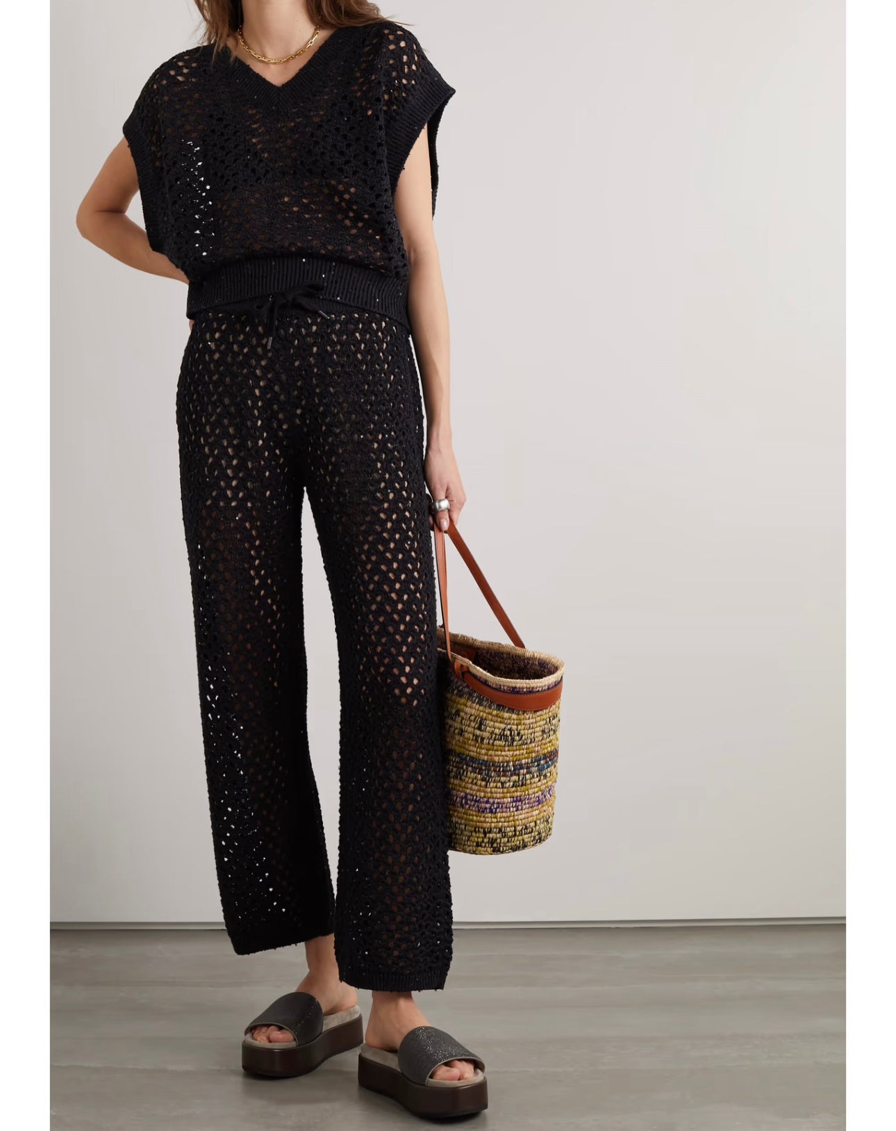 Brunello Cucinelli Black Open Knit Sequin Wide Leg Jogger Pants for Women - Size S (4/6) | Comfortable Lounge Pants for Casual Wear, Night Out, and Travel