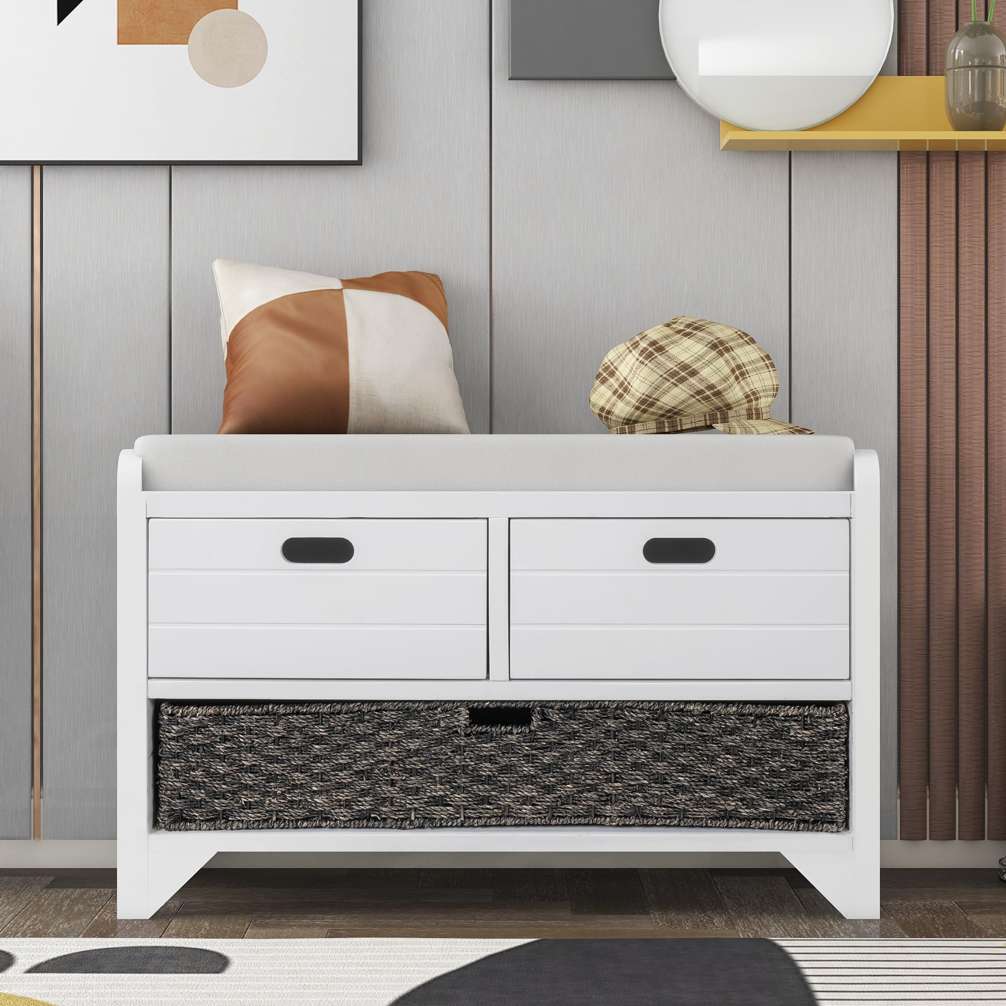 SOFTSEA Entryway Storage Bench with Removable Basket & 2 Drawers - Shoe Bench with Seat Cushion for Hallway, Living Room - White (Fully Assembled) - Perfect for Small Spaces, Entry Organization & Shoe Storage