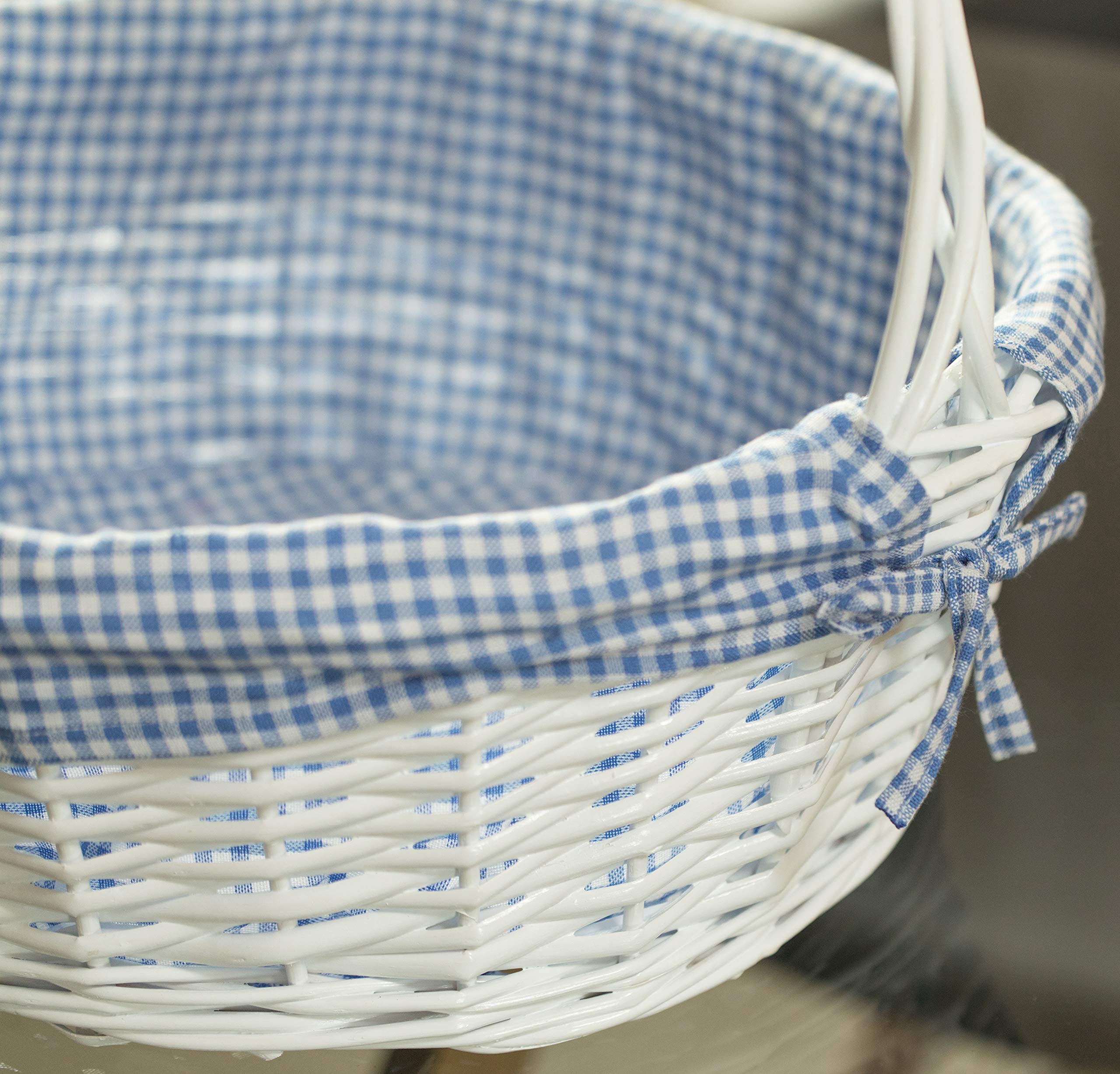 Premium White Round Willow Gift Baskets with Blue Gingham Liner & Handle - Set of 3 for Home Decor, Wedding Favors, Easter Gifts & Party Decorations