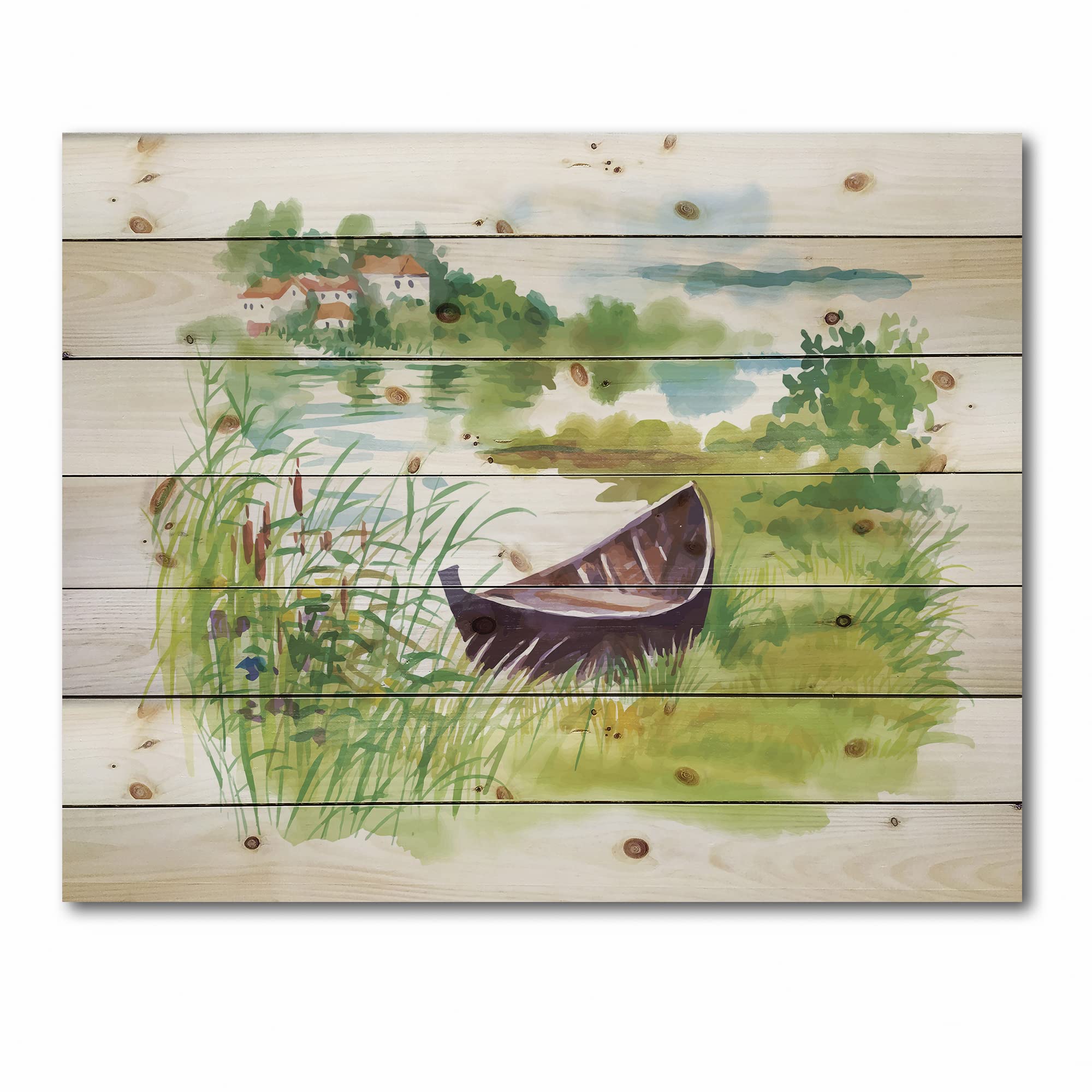 DesignQ Rustic Green Landscape with Boat Lake House Wood Wall Decor - Large Pine Wood Wall Art Panel, Natural Wooden Wall Hanging for Living Room, Bedroom & Cabin Decor