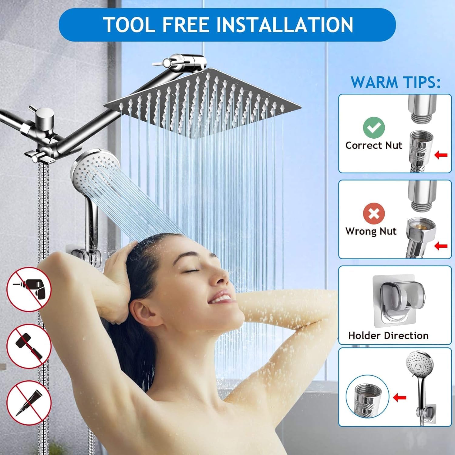 High Pressure Rain Shower Head with Hose - 8 Inch Handheld Shower Head Combo, 11 Inch Extension Arm, 9 Adjustable Spray Settings, Height & Angle Adjustable Shower Head with Holder (Silver) - Perfect for Bathroom, Spa, and Relaxing Shower Experience