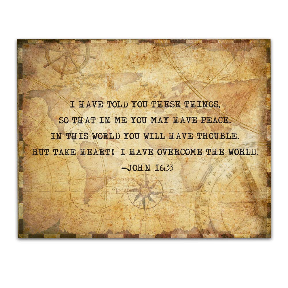 Inspiring John 16:33 Bible Verse Wall Art - 11x14 Christian Scripture Print for Home Decor, Religious Gift for Women & Family - Perfect for Bedroom, Office & Church (Compass Design)