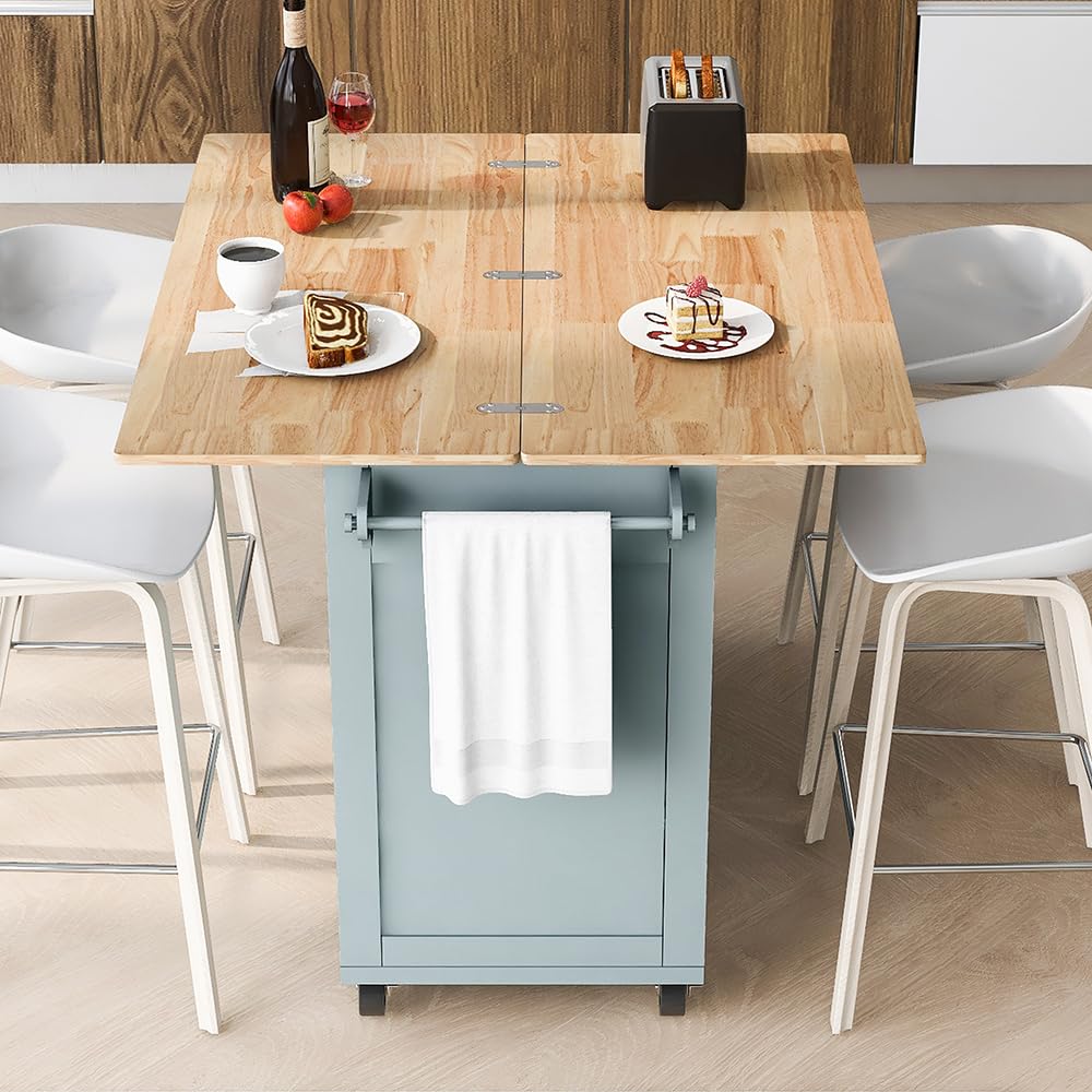 Rolling Kitchen Island with 2-Sided Drop Leaf - Mobile Kitchen Cart with Storage Cabinet & Drawers (Grey Blue) - Perfect for Small Kitchens, Dining Areas & Food Prep Stations