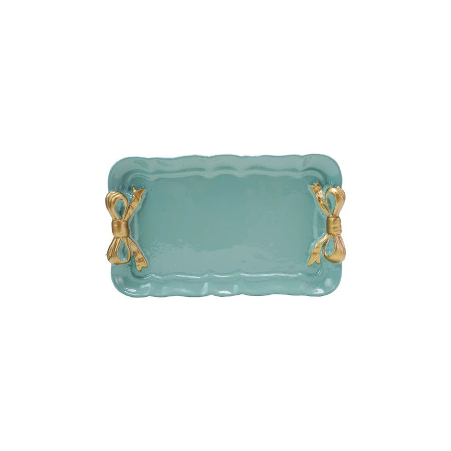 Elegant Aqua Metal Serving Tray with Decorative Bows - Perfect for Wedding, Party, and Home Decor Serving Essentials