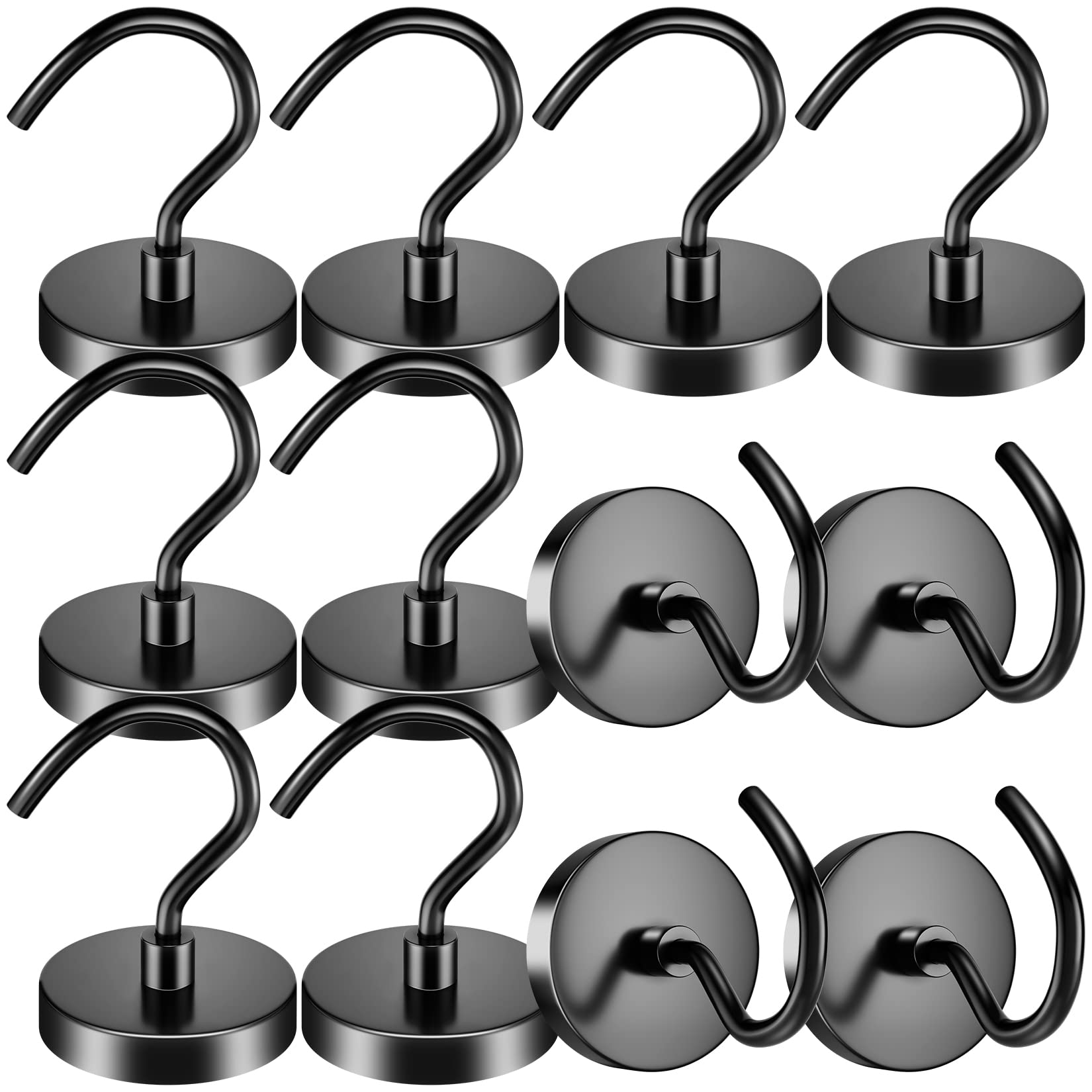 12 Pack Black Heavy Duty Neodymium Magnetic Hooks - 110 Lbs Capacity, Rust Proof Magnetic Hangers for Hanging Tools, Coats, Grill Accessories & Storage - Perfect for Toolbox, Cruise Cabins, Kitchen, Garage & Home Organization