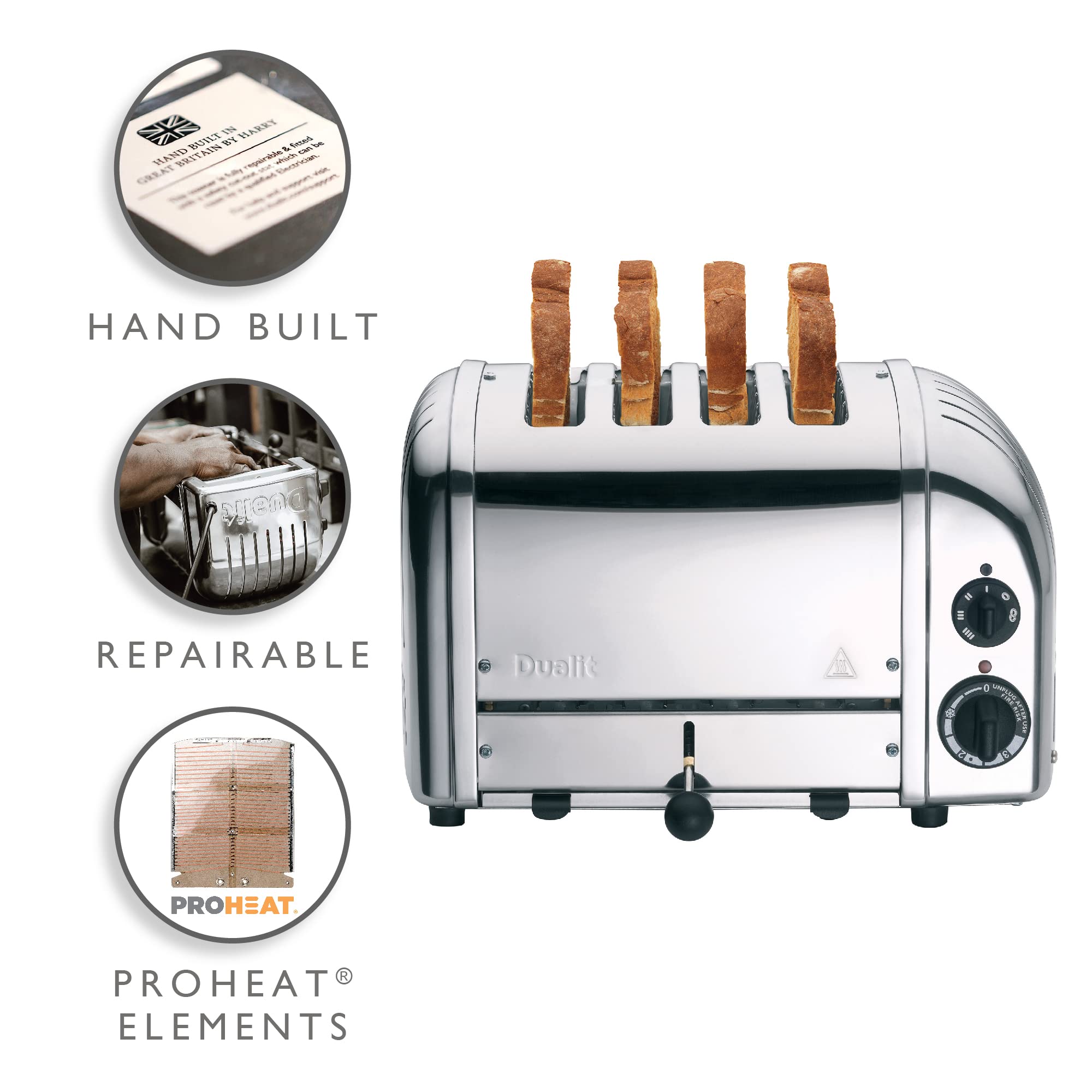 Dualit Classic 4-Slice NewGen Toaster - Stainless Steel, Handcrafted in UK - Replaceable ProHeat Elements - Defrost & Reheat Function - Mechanical Timer - Perfect for Breakfast, Brunch & Entertaining