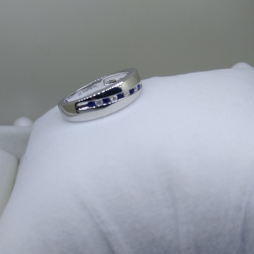 Dazzlingrock Men's Round Blue Sapphire & White Diamond Wedding Band Ring - 925 Sterling Silver Classic Nine Stone Anniversary Ring for Him - Perfect for Engagement, Wedding, and Special Occasions