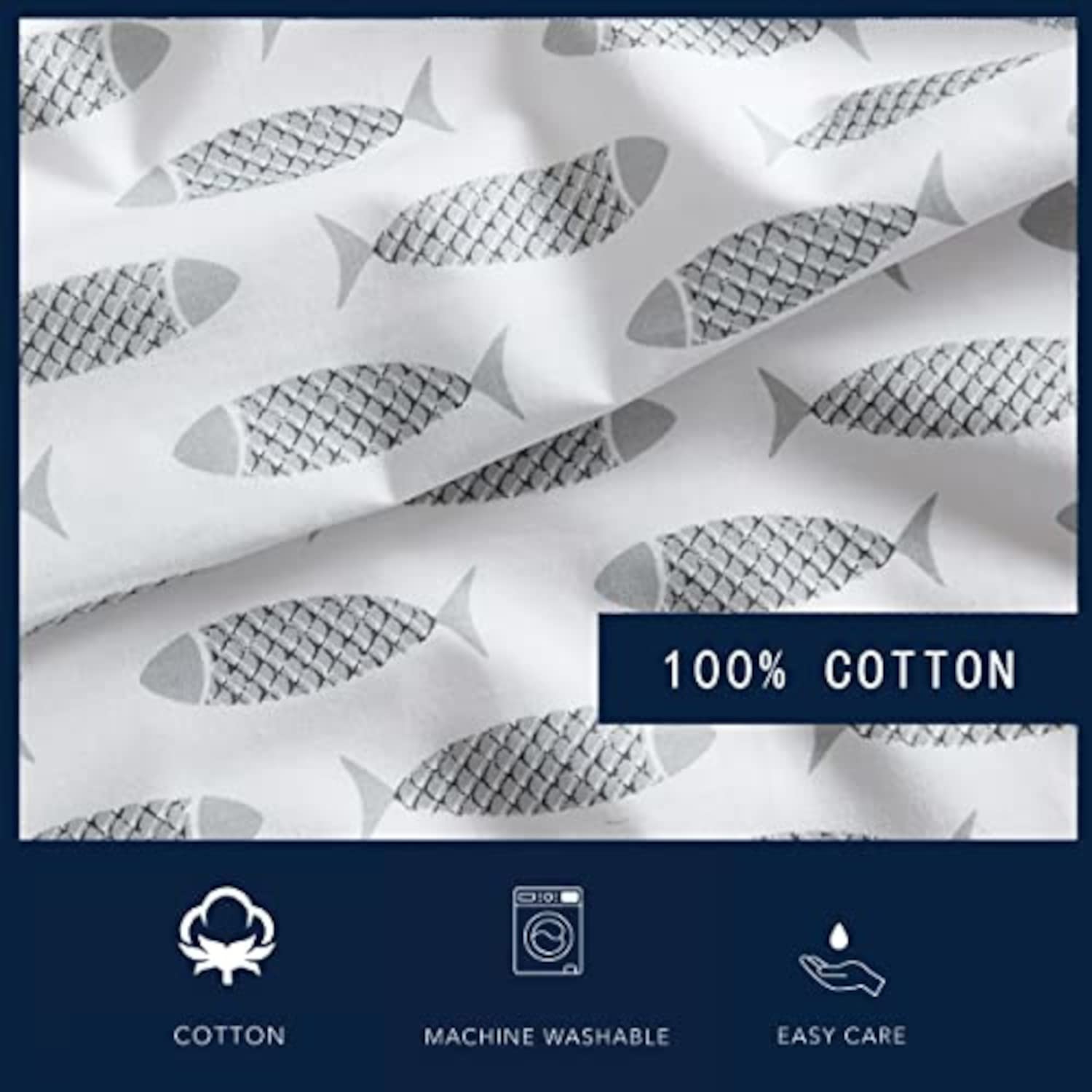Nautica Twin Sheets - 100% Cotton Percale Bedding Set, Coastal Style Woodblock Fish Grey Design for Twin Beds | Soft & Breathable for Comfortable Sleep | Perfect for Beach House, Guest Room or Kids' Bedroom
