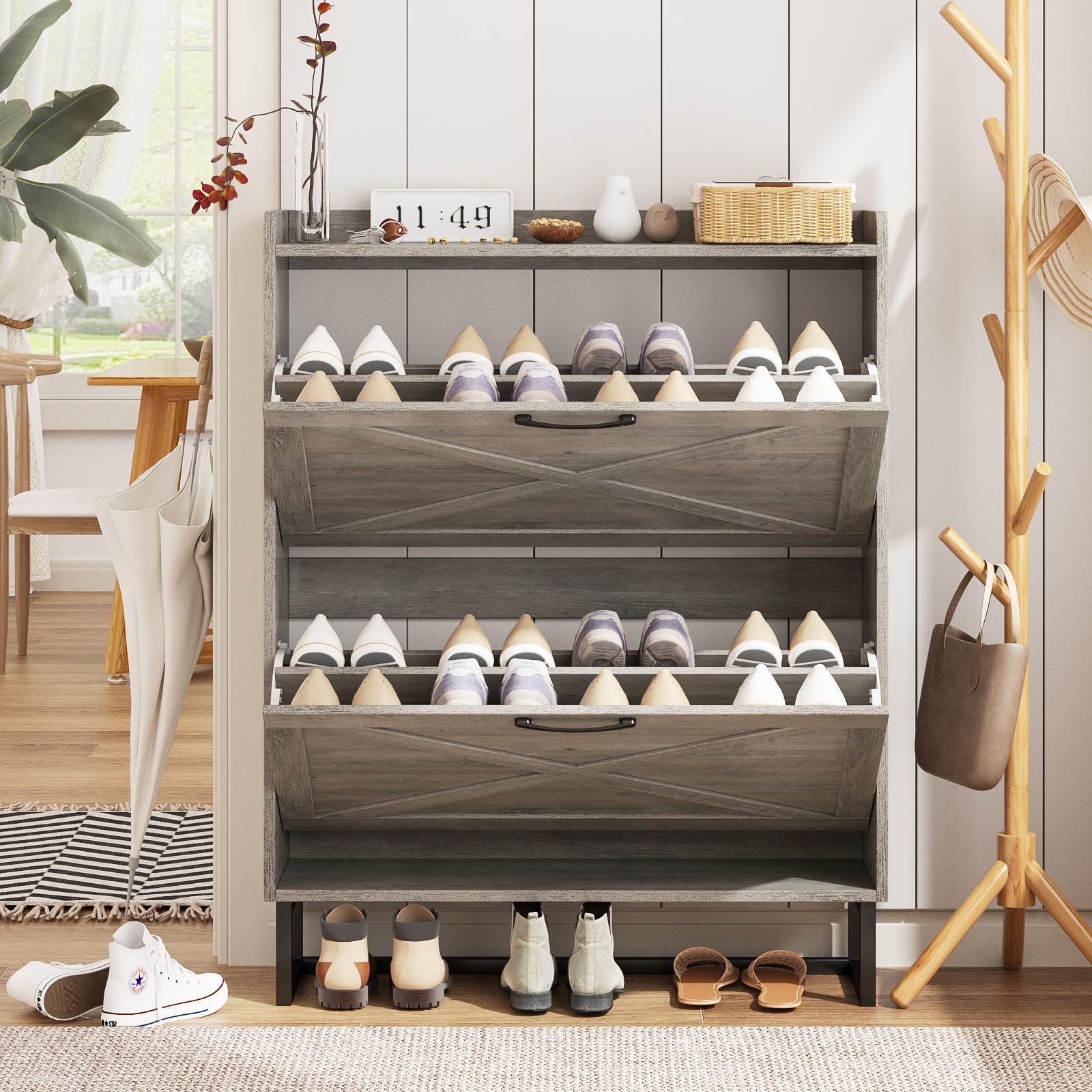 Maupvit 2-Tier Flip-Drawer Shoe Storage Cabinet with Metal Legs - Freestanding Entryway Shoe Organizer, Narrow Shoe Rack for Hallway & Closet (Washed Gray) - Perfect for Small Spaces & Apartment Living