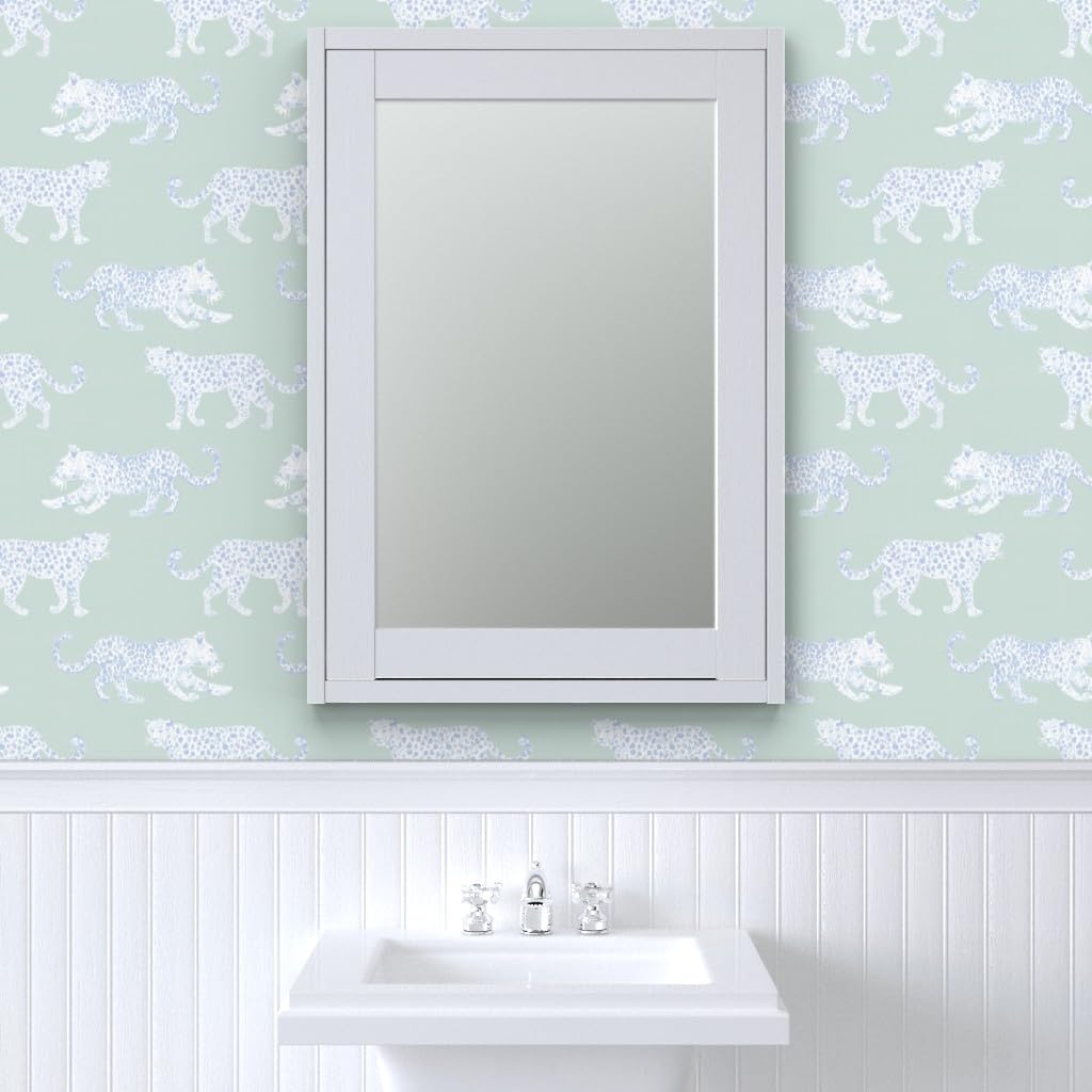 Peel & Stick Removable Wallpaper 9ft x 2ft - White Light Blue Sage Spots Animal Leopard Print Soft Green Custom Wallpaper by Spoonflower | Perfect for Nursery, Bedroom, Office & Home Decor