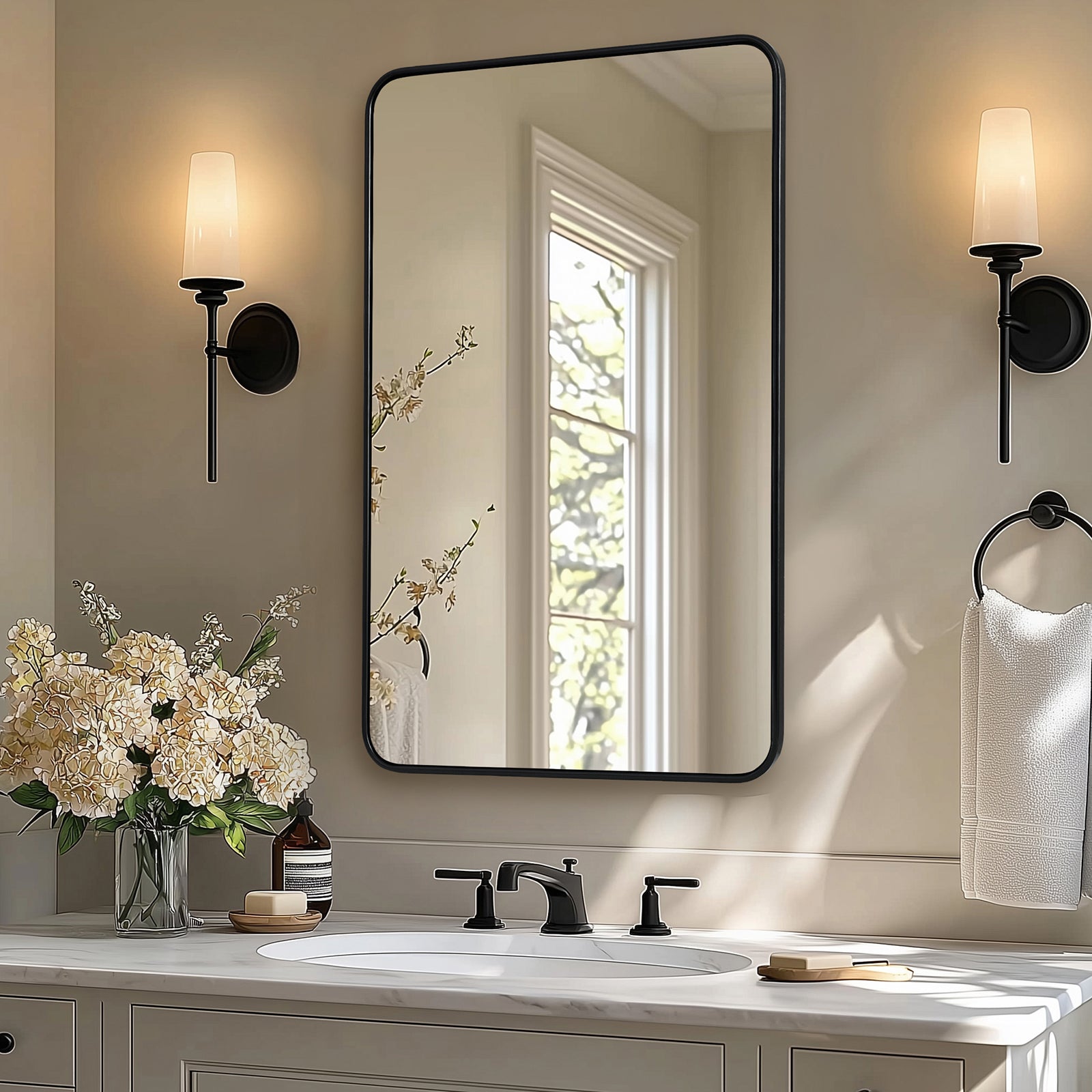 Modern Rounded Rectangular Bathroom Mirror with Stainless Steel U-Tube Frame - Perfect for Vanity, Powder Room & Contemporary Bathroom Decor