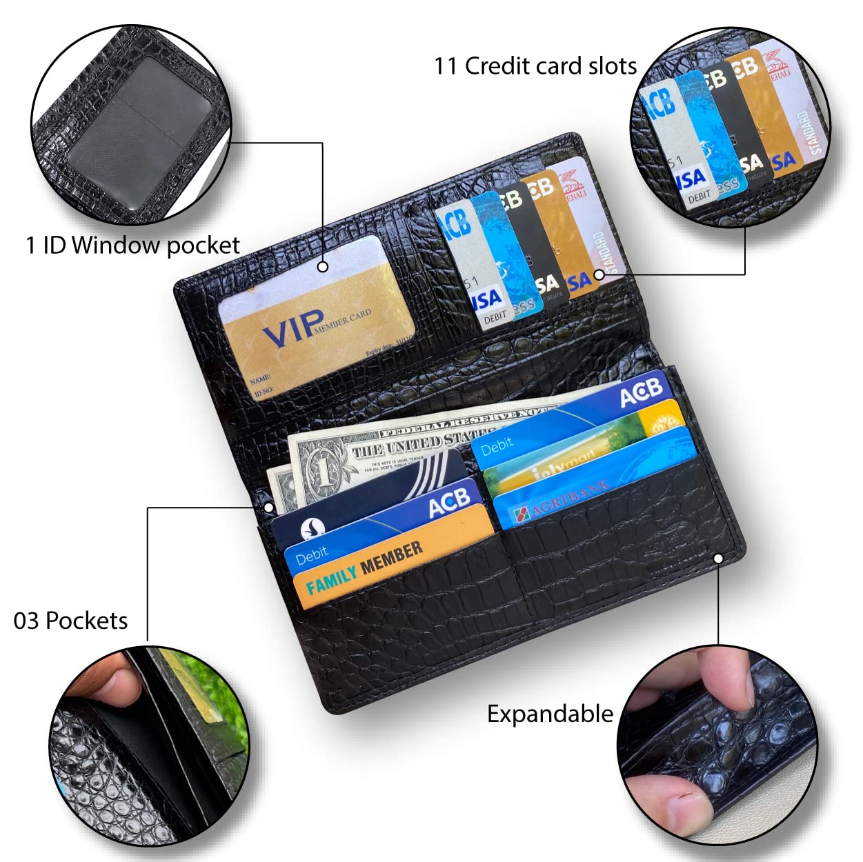 Premium Black Men's RFID Blocking Leather Wallet - Extra Capacity Checkbook & Credit Card Holder with 11 Slots, Expandable Design & Smartphone Pocket | Ideal for Business, Travel & Everyday Use (Model: LON11-CS)
