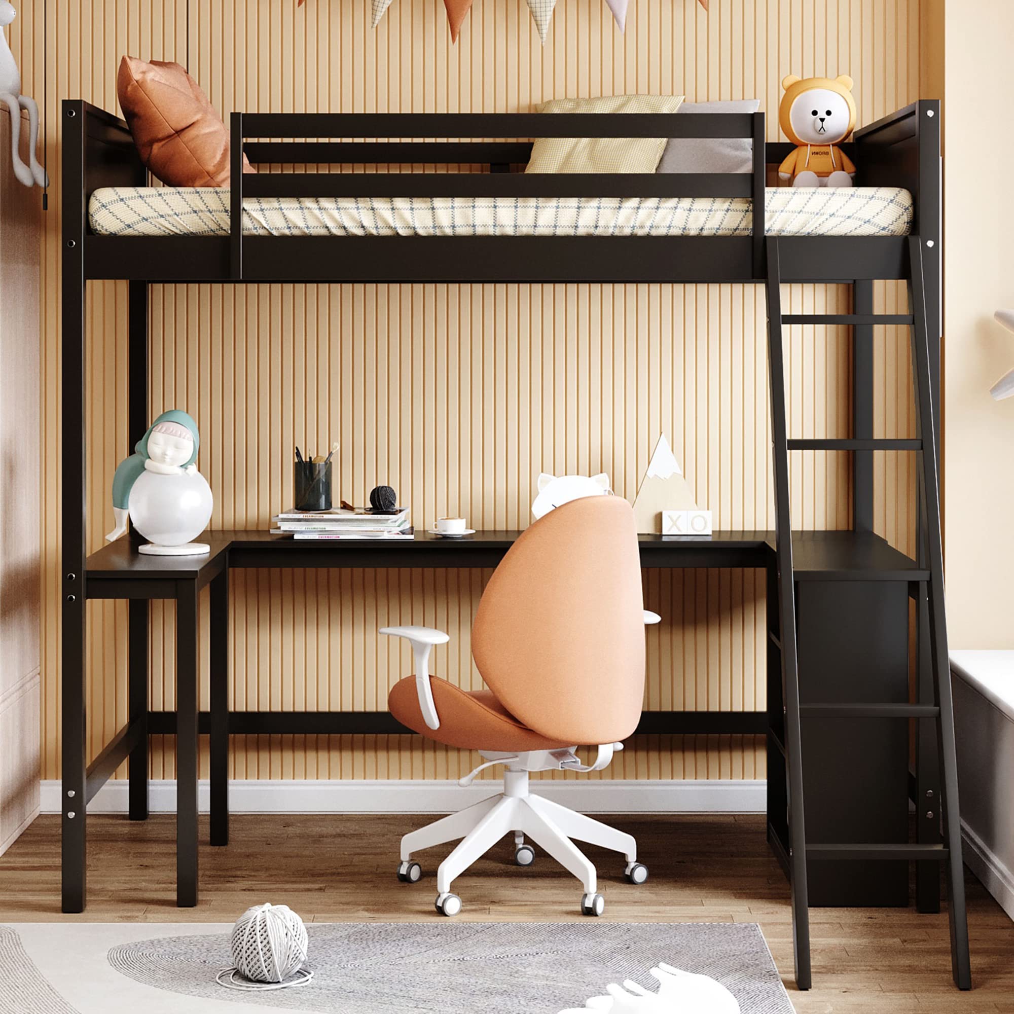 P PURLOVE Twin Size Wooden Loft Bed with Long Desk & Shelves - Space-Saving Kids & Teens Bed for Small Bedrooms, Dorms & Apartments - Perfect Study & Sleep Solution for Compact Living Spaces