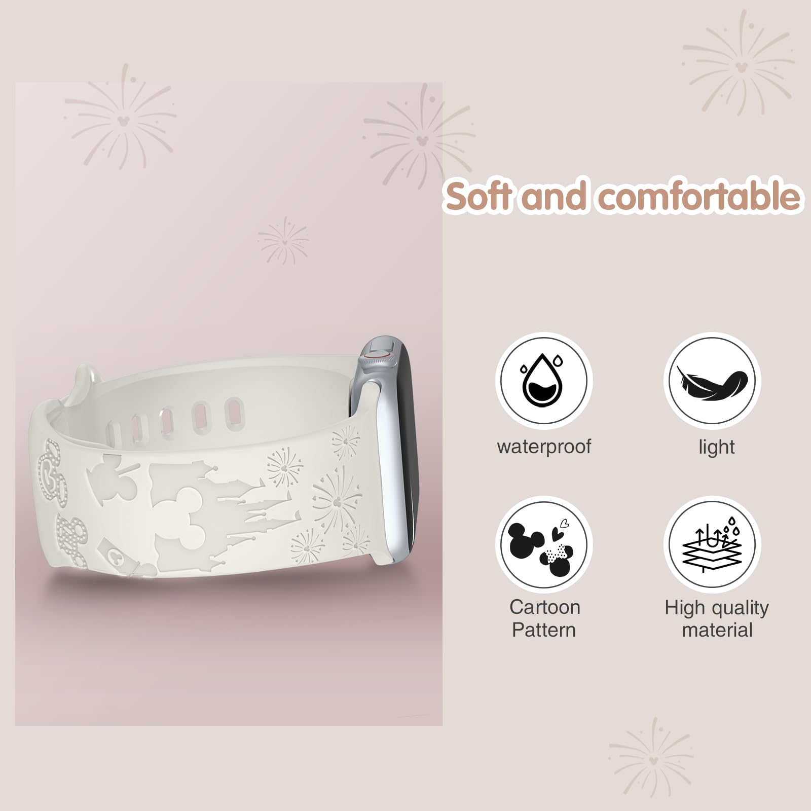 3 Pack Cute Cartoon Engraved Apple Watch Bands - Soft Silicone Wristbands Compatible with iWatch Series 8/7/6/SE/5/4/3/2/1/Ultra (40mm 44mm 41mm 38mm 45mm 42mm 49mm) - Trendy Women's Accessories for Workout, Office & Daily Wear