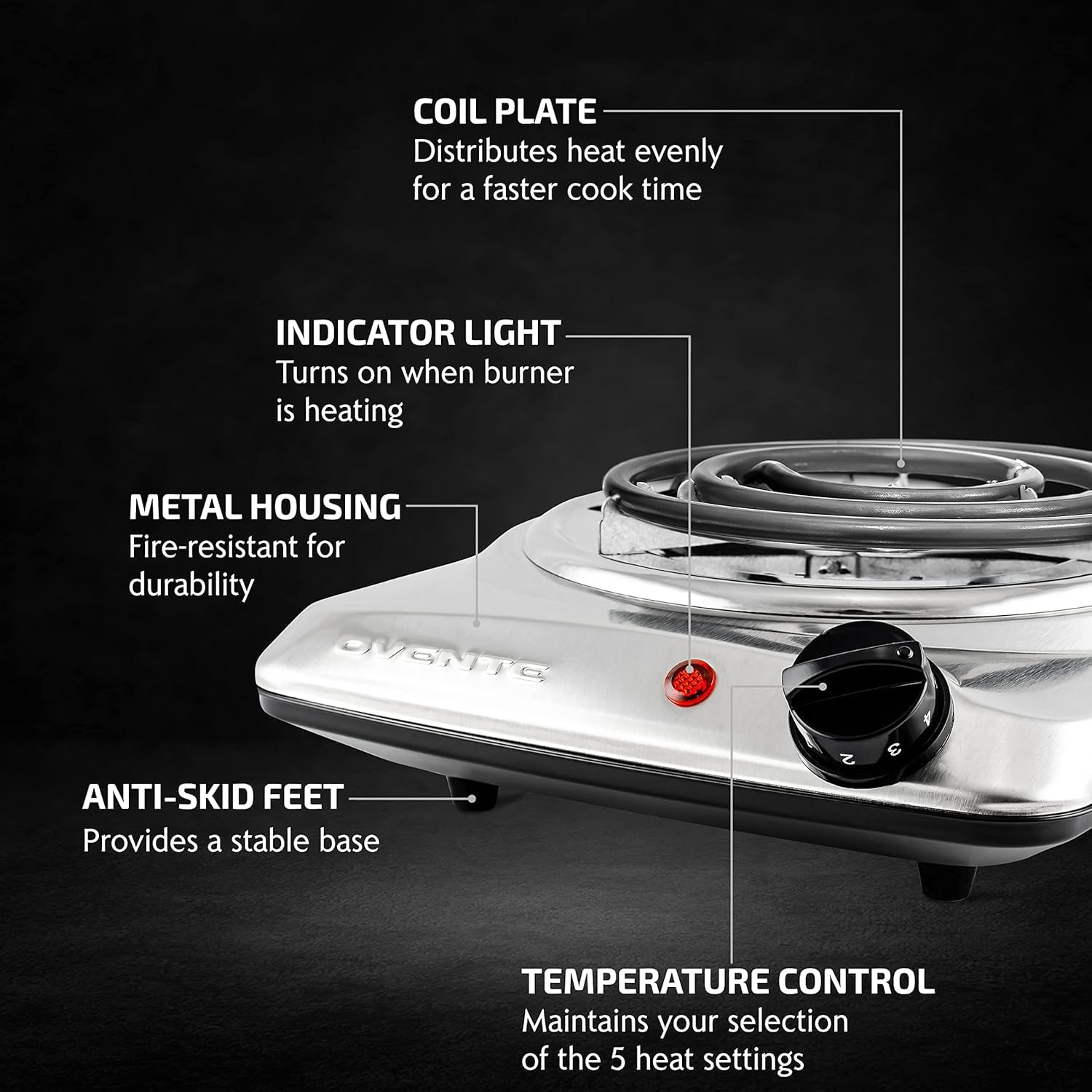 OVENTE 1000W Electric Single Burner Cooktop - 6