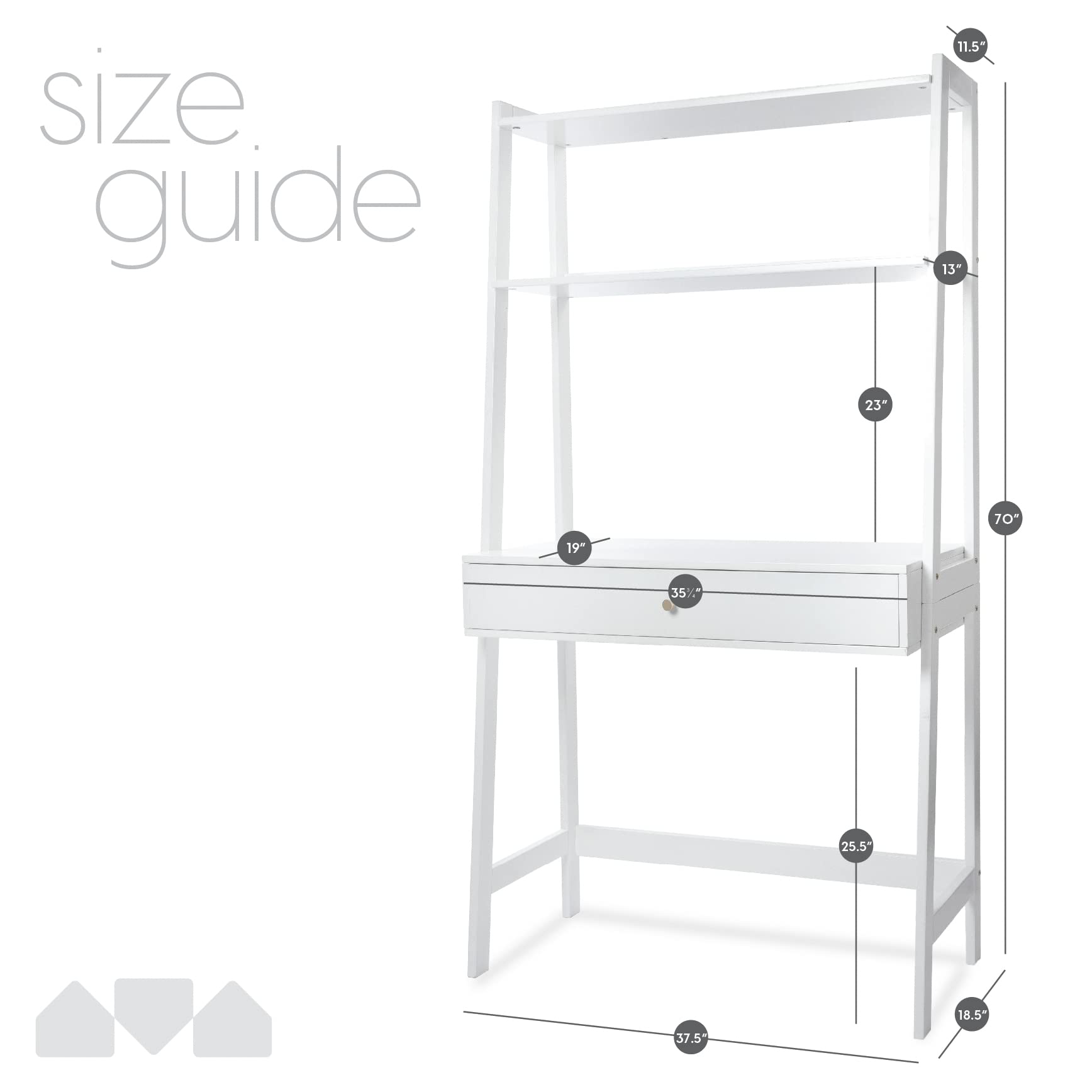 Milliard White Ladder Desk with Storage - Freestanding Wall Computer Desk with Drawer and Shelves for Home Office, Study Room, or Small Space Workstation