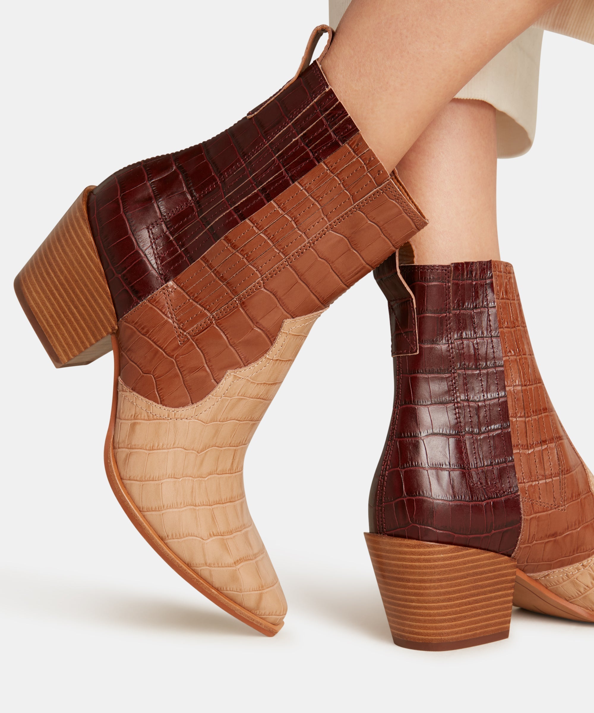 SERNA Women's Brown Multi Crocodile Print Leather Booties - Stylish Ankle Boots for Fall & Winter Fashion, Office & Casual Outfits