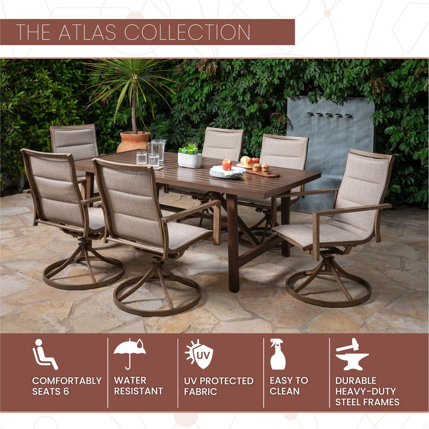 Atlas 7-Piece Outdoor Dining Set with 6 Swivel Padded Chairs & Trestle Table - Modern Patio Furniture for Backyard, Garden, Poolside - Weather-Resistant Dining Set for 6 People