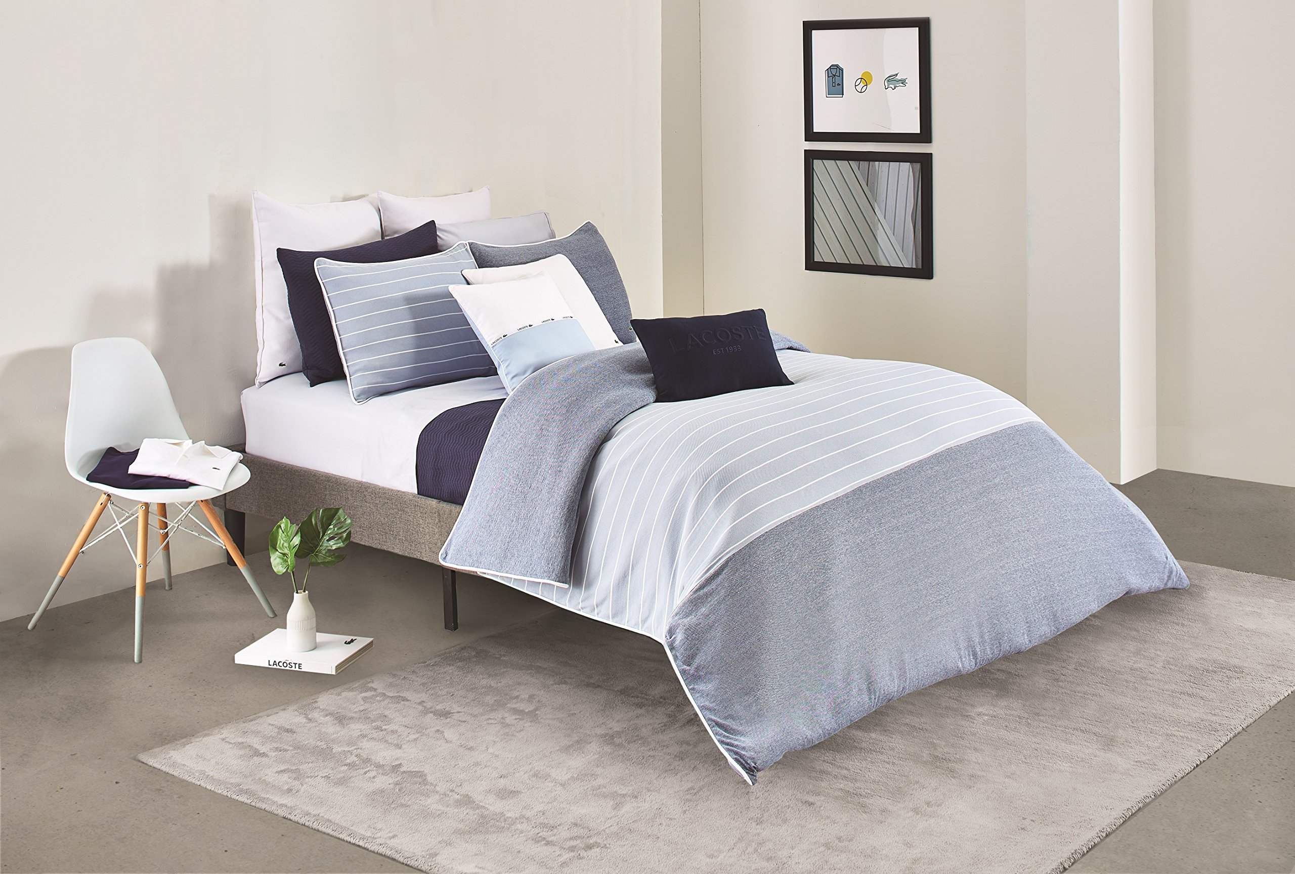 Lacoste 18356011 Blue Stripe Duvet Cover Set - Twin/Twin XL Size | Soft Cotton Bedding for Boys & Girls Room | Perfect for Guest Bedrooms & Dorm Decor