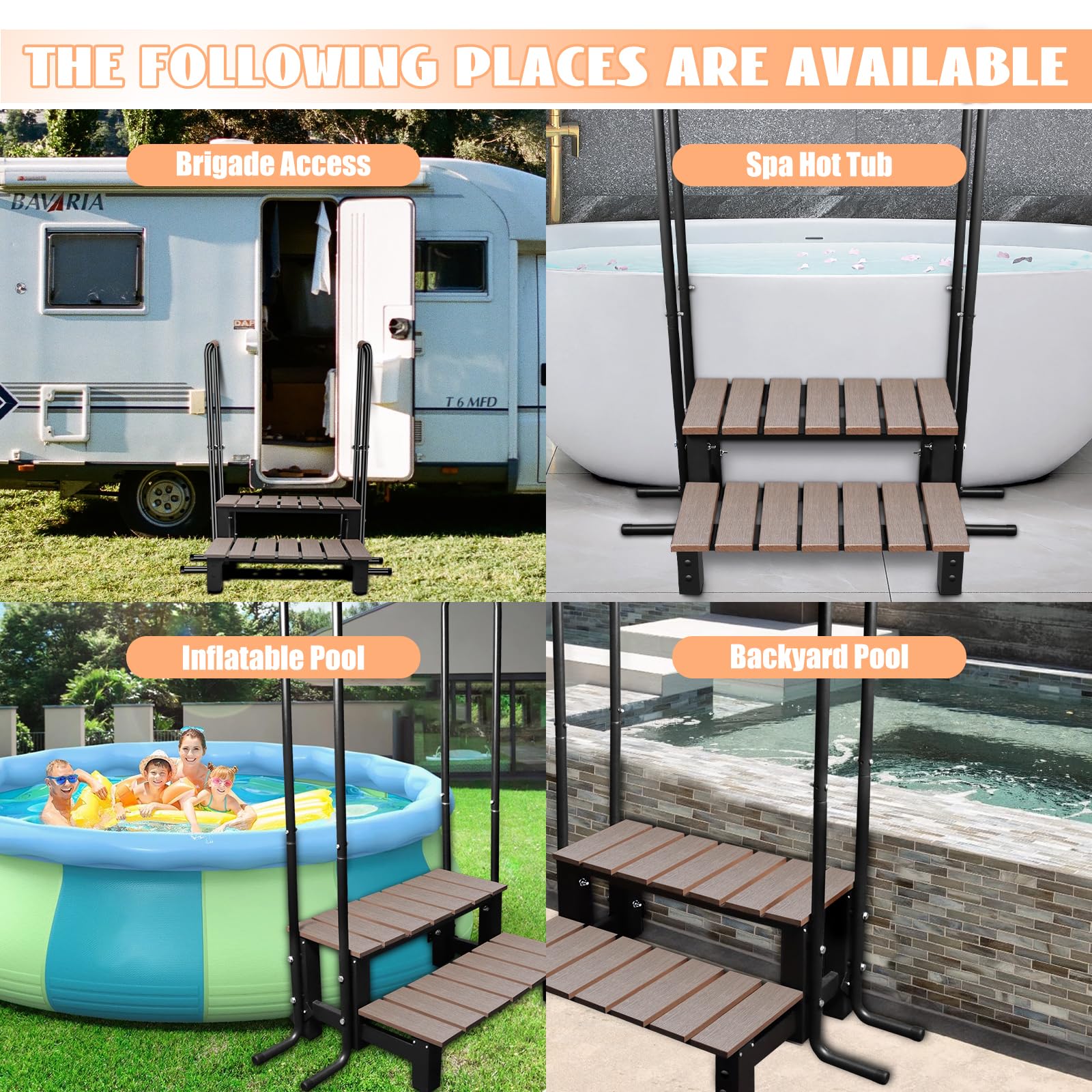 Above Ground Hot Tub Ladder with 2 Handrails & Anti-Skid Pads - 600 LB Capacity Wooden Pool Steps for Spas, Travel Trailers, Campers & 5th Wheels (2-Step Design) | Perfect for Outdoor Relaxation & Easy Spa Access