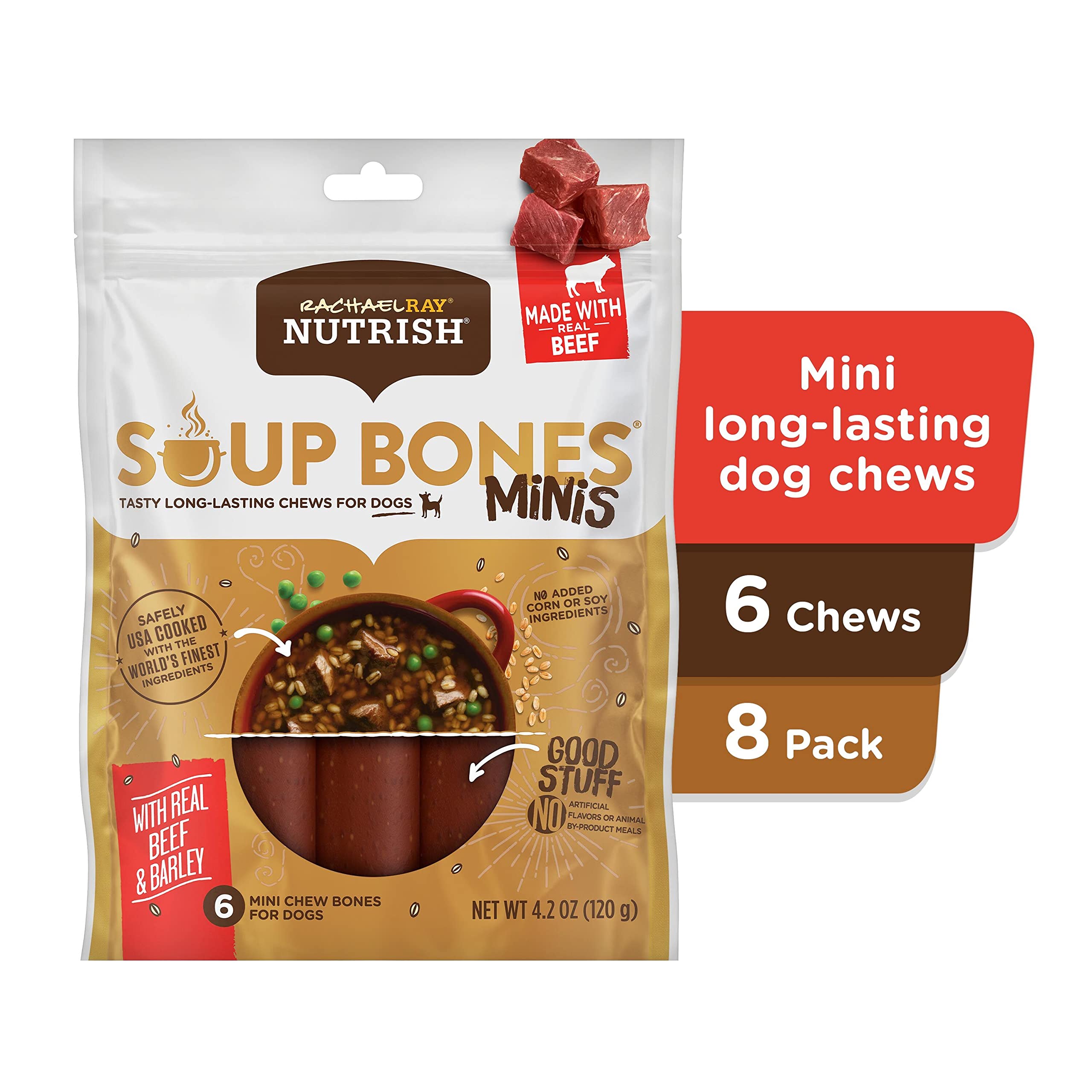 Rachael Ray Nutrish Soup Bones Minis Dog Treats - Beef & Barley Flavor, 6 Mini Bones (Pack of 8) | Healthy Natural Dog Snacks for Training & Rewards | Perfect for Small to Medium Dogs