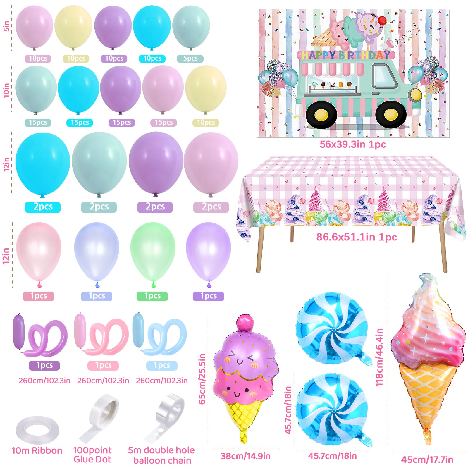 Pastel Ice Cream Party Decorations Kit - Balloon Garland Arch, Backdrop, Tablecloth & Candy Strip Balloons for Girls Birthday - Sweet Ice Cream Theme Party Supplies for Baby Shower, Bridal Shower & Kids Celebration