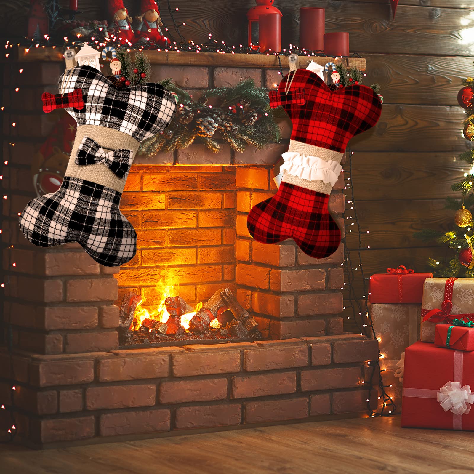 Frienda 3-Piece Buffalo Plaid Christmas Stockings for Dogs - 16.5x10 Inch Red & Black Burlap Pet Stockings with Bone Design - Large Hanging Xmas Tree Decorations for Pets (Classic Style) - Perfect for Holiday Pet Photos & Christmas Morning Surprises